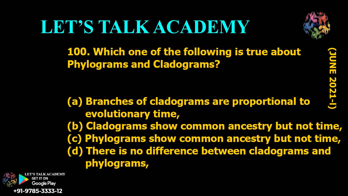 Which one of the following is true about Phylograms and Cladograms? (a) Branches of cladograms are proportional to evolutionary time, (b) Cladograms show common ancestry but not time, (c) Phylograms show common ancestry but not time, (d) There is no difference between cladograms and phylograms