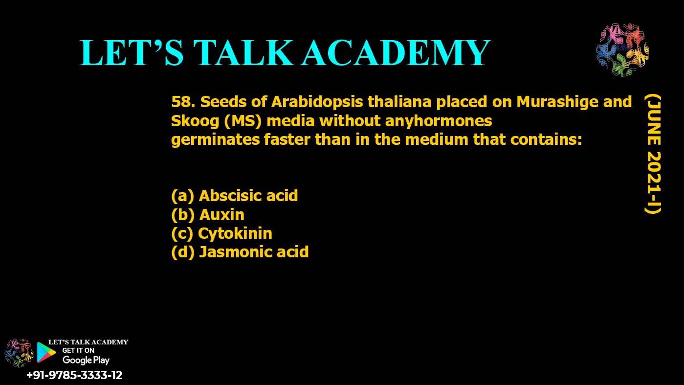 Seeds of Arabidopsis thaliana placed on Murashige and Skoog (MS) media without anyhormones germinates faster than in the medium that contains: (a) Abscisic acid (b) Auxin (c) Cytokinin (d) Jasmonic acid