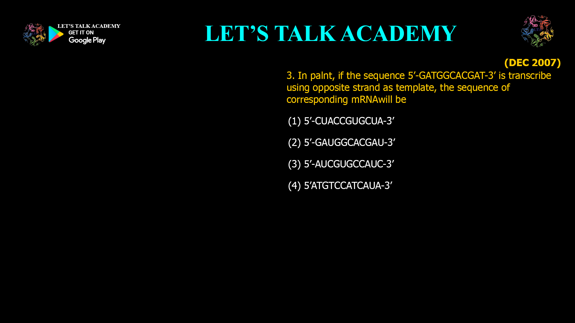 mRNA Sequence from DNA in Plants | CSIR Transcription MCQ