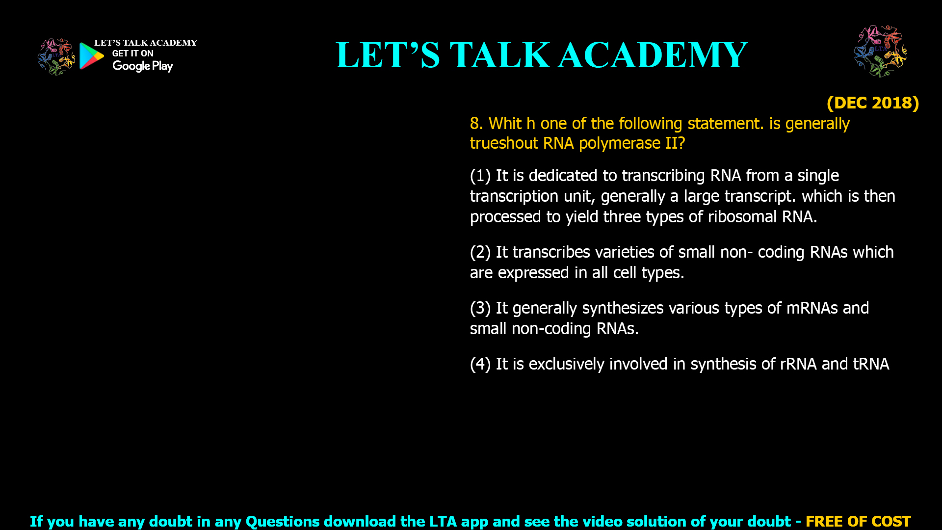 NA polymerase II (Pol II) is the central enzyme in eukaryotic gene expression, responsible for transcribing DNA into the precursors of messenger RNAs (mRNAs) and a variety of small non-coding RNAs, such as small nuclear RNAs (snRNAs) and microRNAs (miRNAs). This makes Pol II essential for the synthesis of most protein-coding transcripts and many regulatory RNAs in eukaryotic cells.