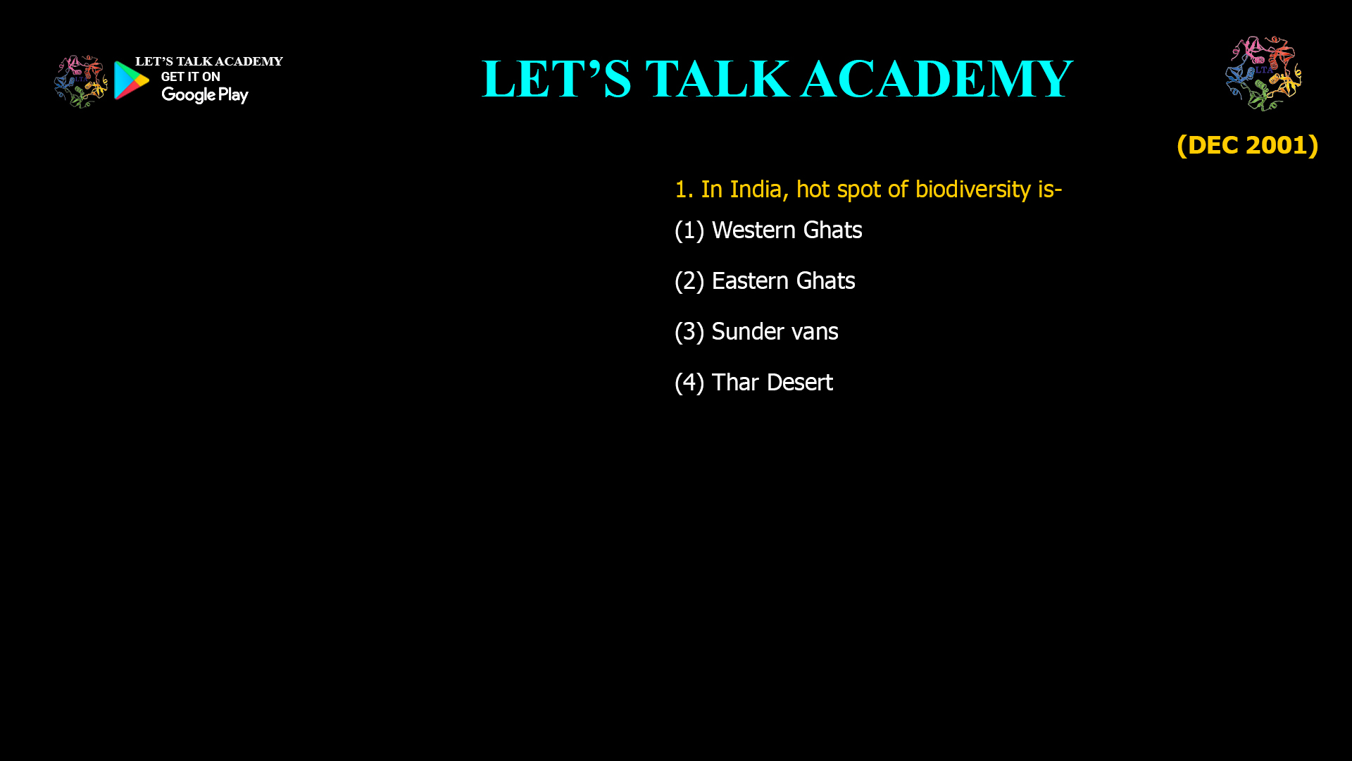 In India, hot spot of biodiversity is- (1) Western Ghats (2) Eastern Ghats (3) Sunder vans (4) Thar Desert