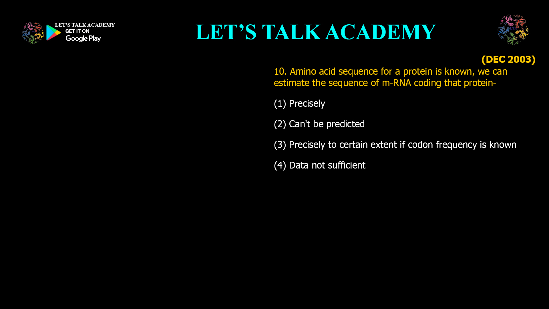 Amino acid sequence for a protein is known, we canestimate the sequence of m-RNA coding that protein- (1) Precisely (2) Can't be predicted (3) Precisely to certain extent if codon frequency is known (4) Data not sufficient