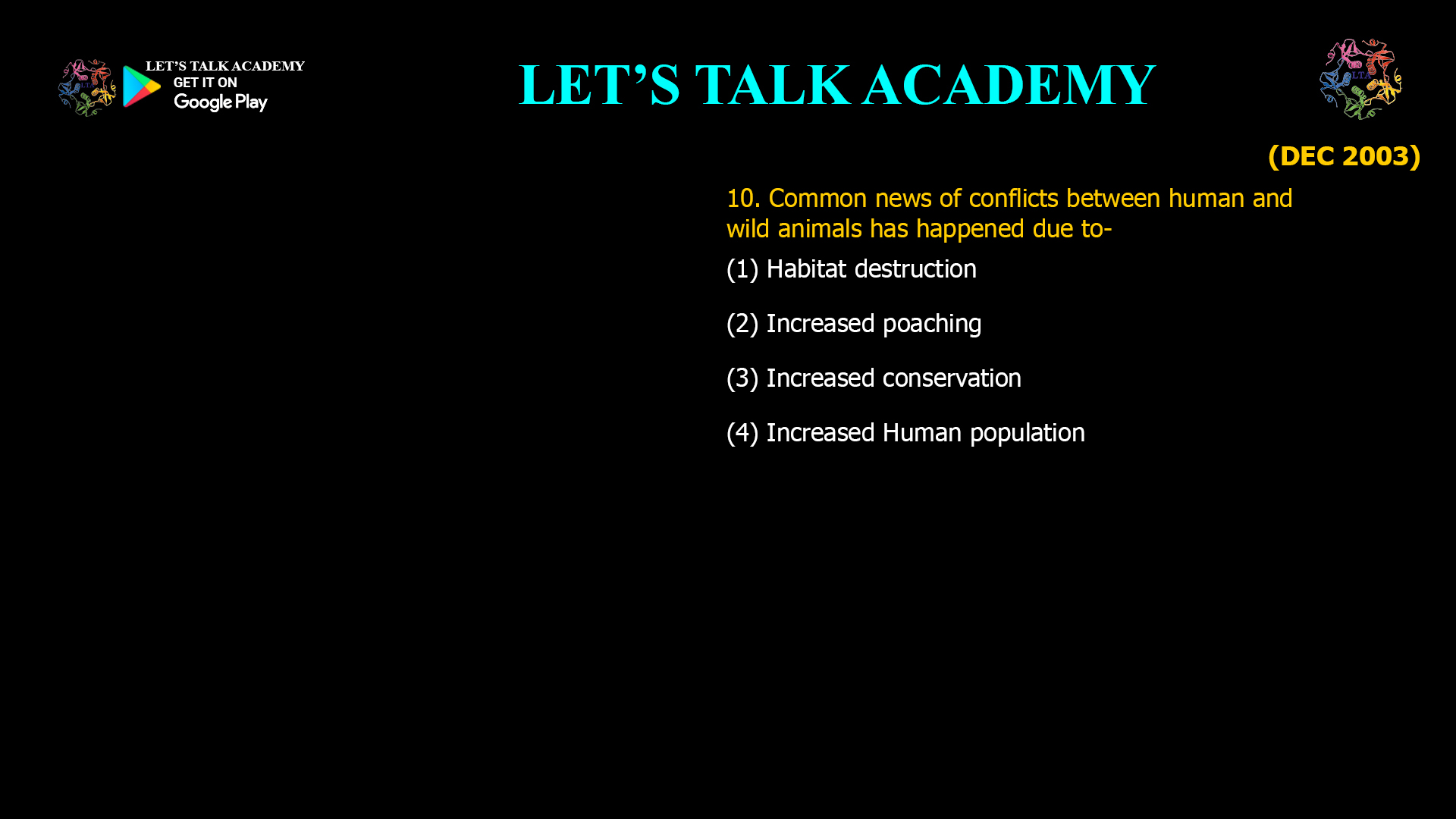 Common news of conflicts between human and wild animals has happened due to- (1) Habitat destruction (2) Increased poaching (3) Increased conservation (4) Increased Human population