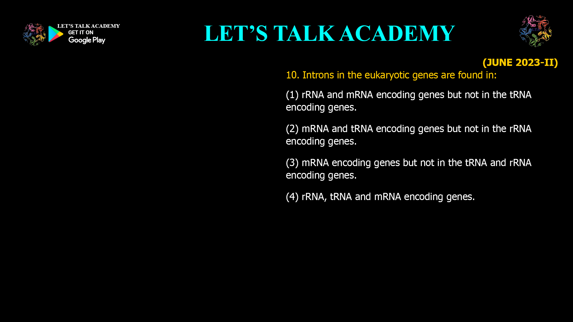 Introns in Eukaryotic Genes: Found in rRNA tRNA and mRNA Encoding Genes