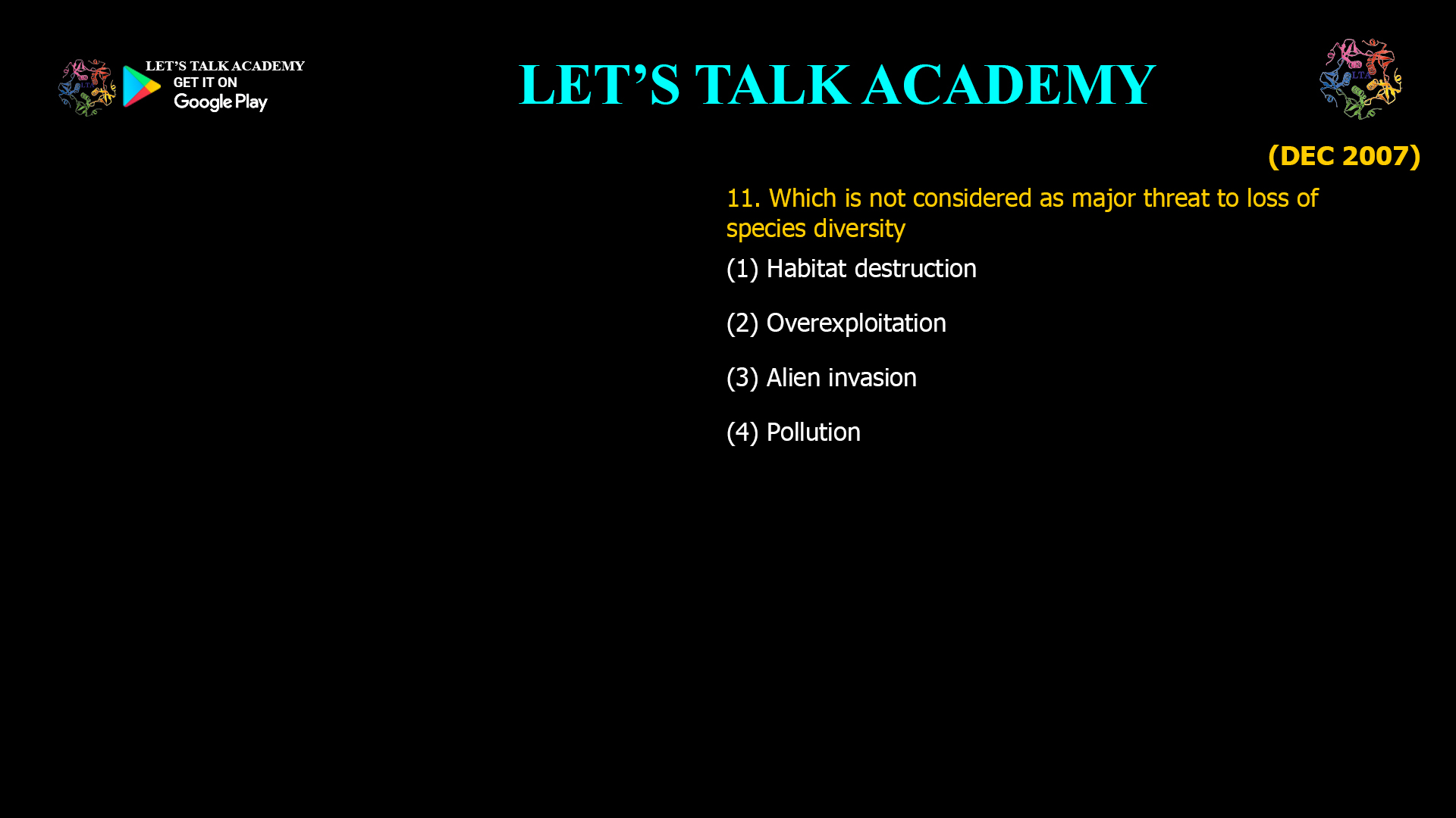 Which is not considered as major threat to loss of species diversity (1) Habitat destruction (2) Overexploitation (3) Alien invasion (4) Pollution 