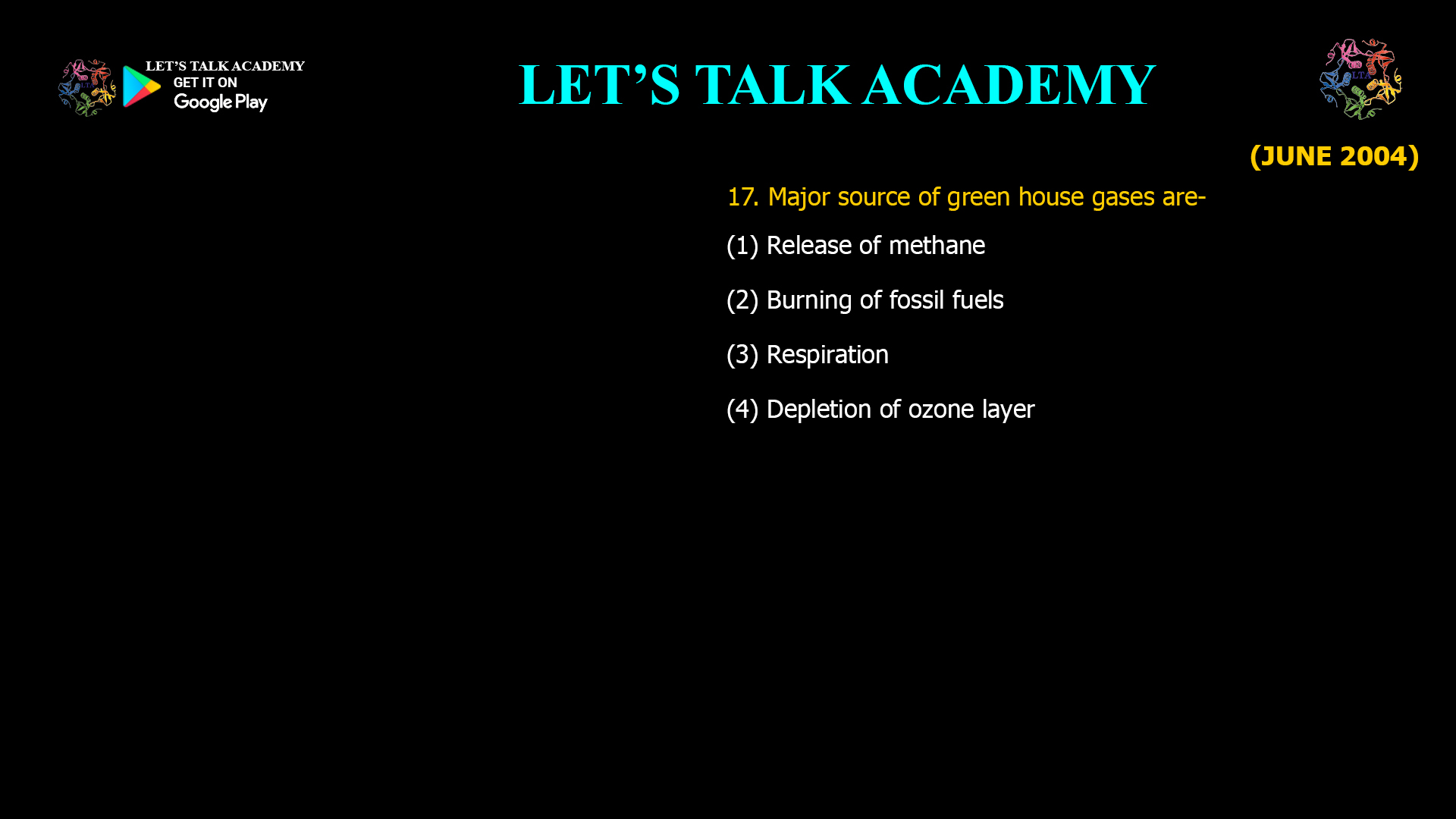 Major source of green house gases are- (1) Release of methane (2) Burning of fossil fuels (3) Respiration (4) Depletion of ozone layer 