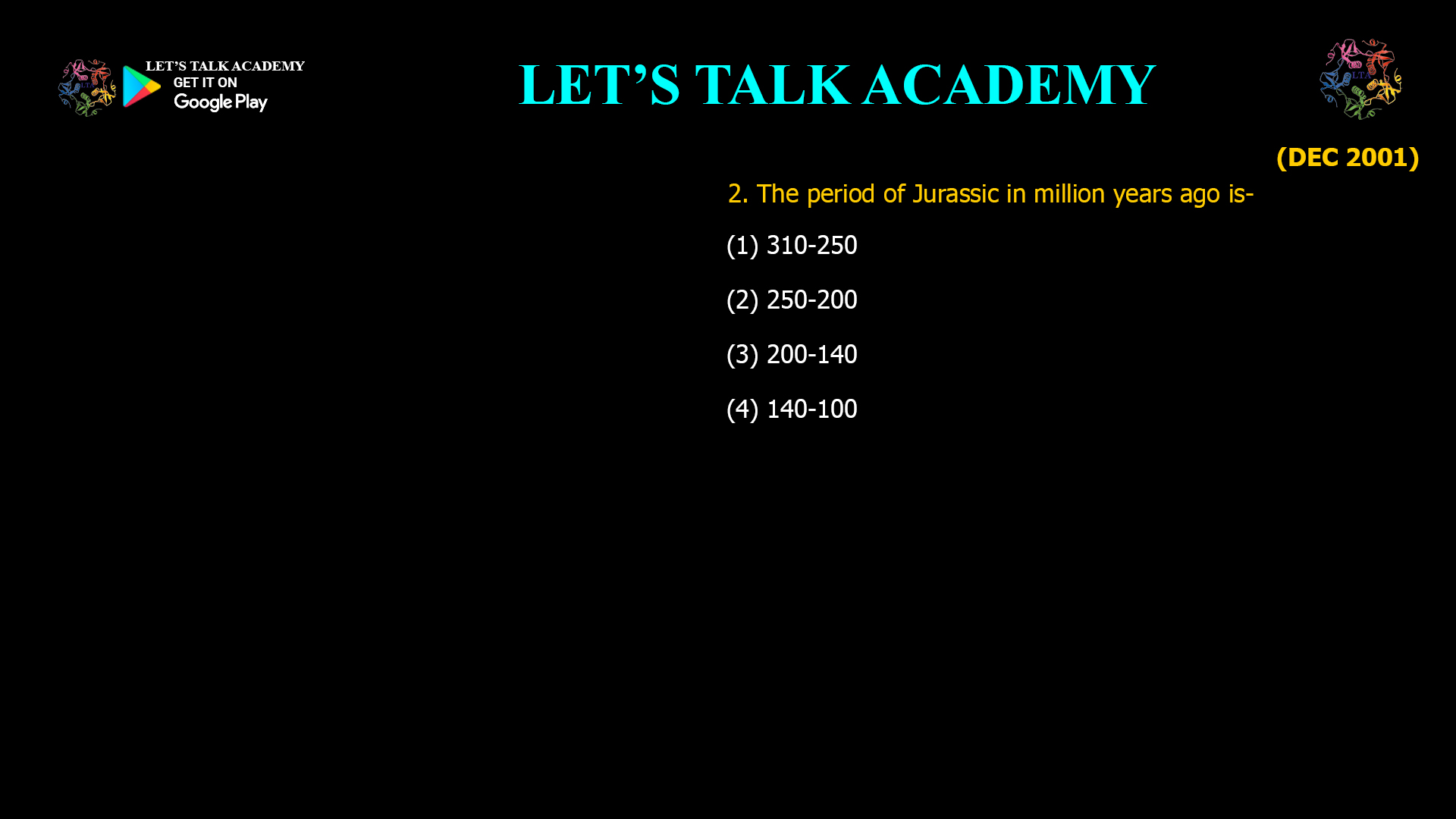 The period of Jurassic in million years ago is- (1) 310-250 (2) 250-200 (3) 200-140 (4) 140-100