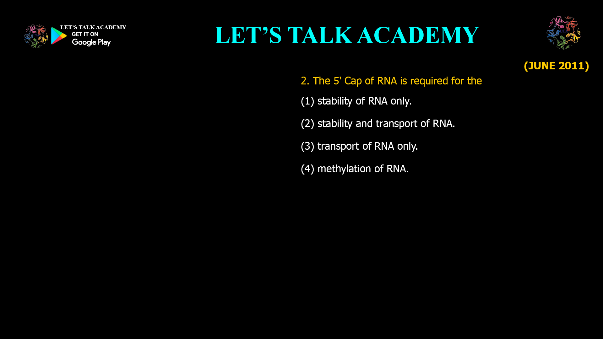 The 5′ cap of RNA is essential for both the stability and transport of RNA in eukaryotic cells. It protects RNA molecules from degradation and promotes their export from the nucleus to the cytoplasm, ensuring proper gene expression.