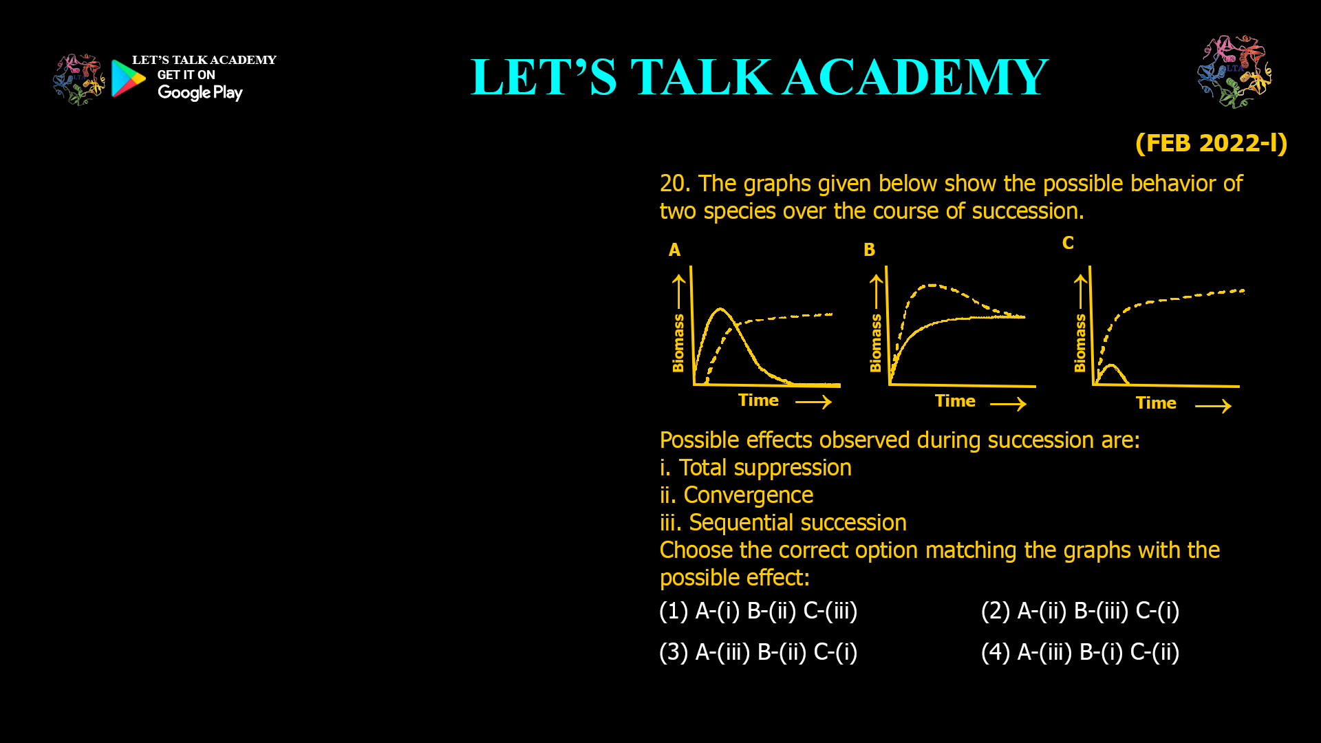 20. The graphs given below show the possible behavior of two species over the course of succession. Possible effects observed during succession are: i. Total suppression ii. Convergence iii. Sequential succession Choose the correct option matching the graphs with the possible effect: (1) A-(i) B-(ii) C-(iii) (2) A-(ii) B-(iii) C-(i) (3) A-(iii) B-(ii) C-(i) (4) A-(iii) B-(i) C-(ii)
