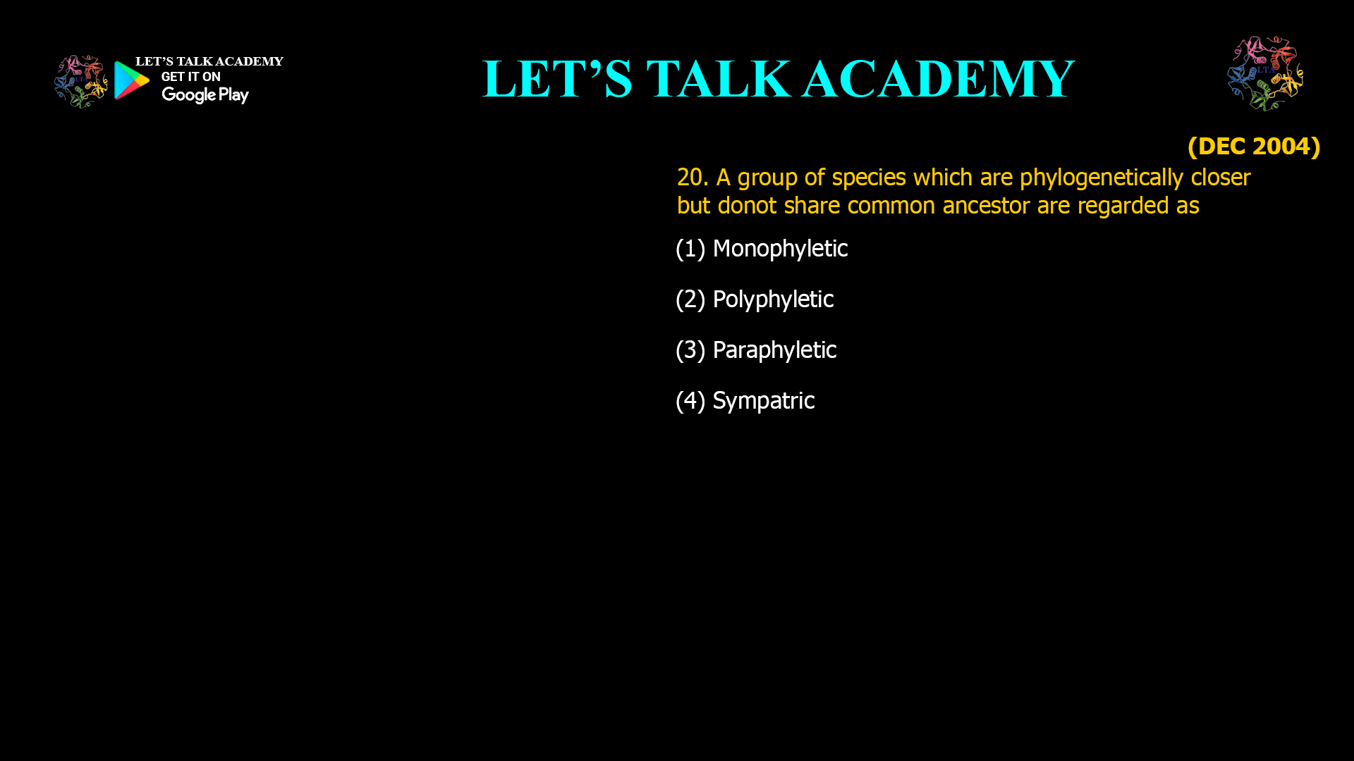 A group of species which are phylogenetically closer but donot share common ancestor are regarded as (1) Monophyletic (2) Polyphyletic (3) Paraphyletic (4) Sympatric