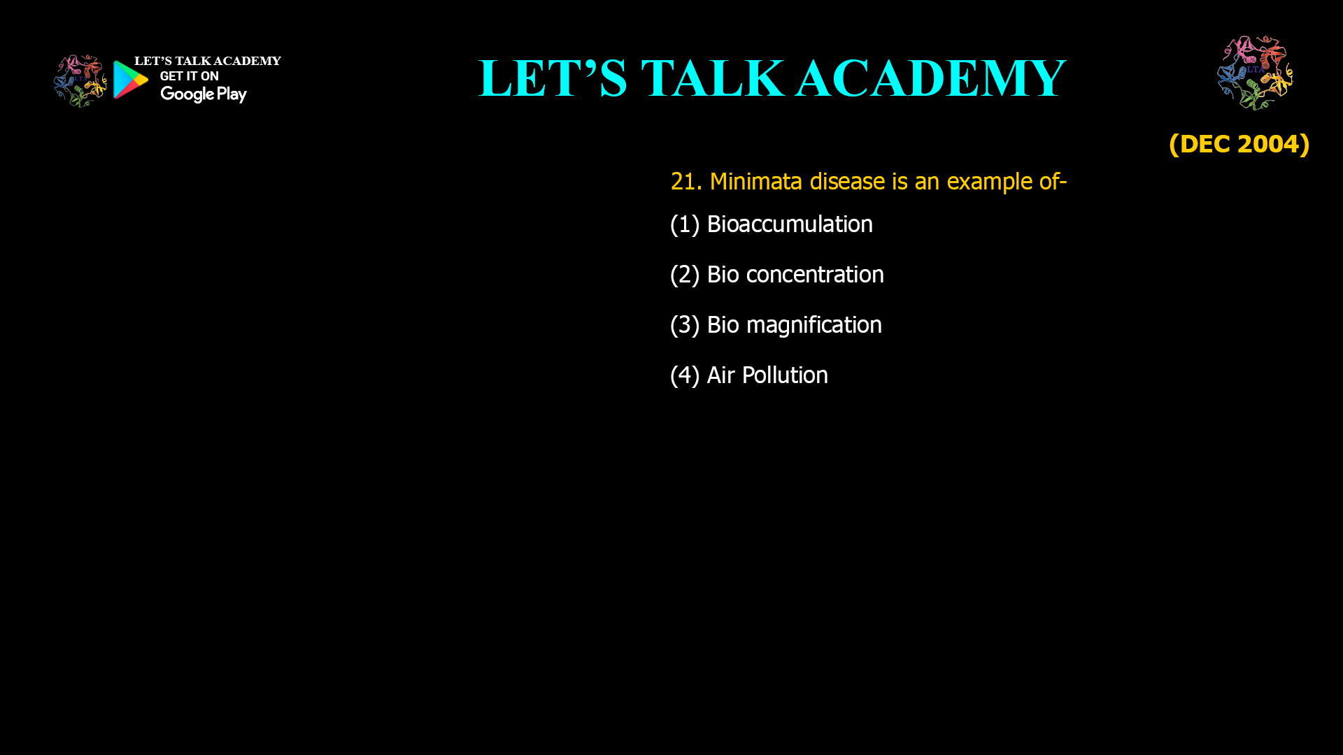 Minimata disease is an example of- (1) Bioaccumulation (2) Bio concentration (3) Bio magnification (4) Air Pollution