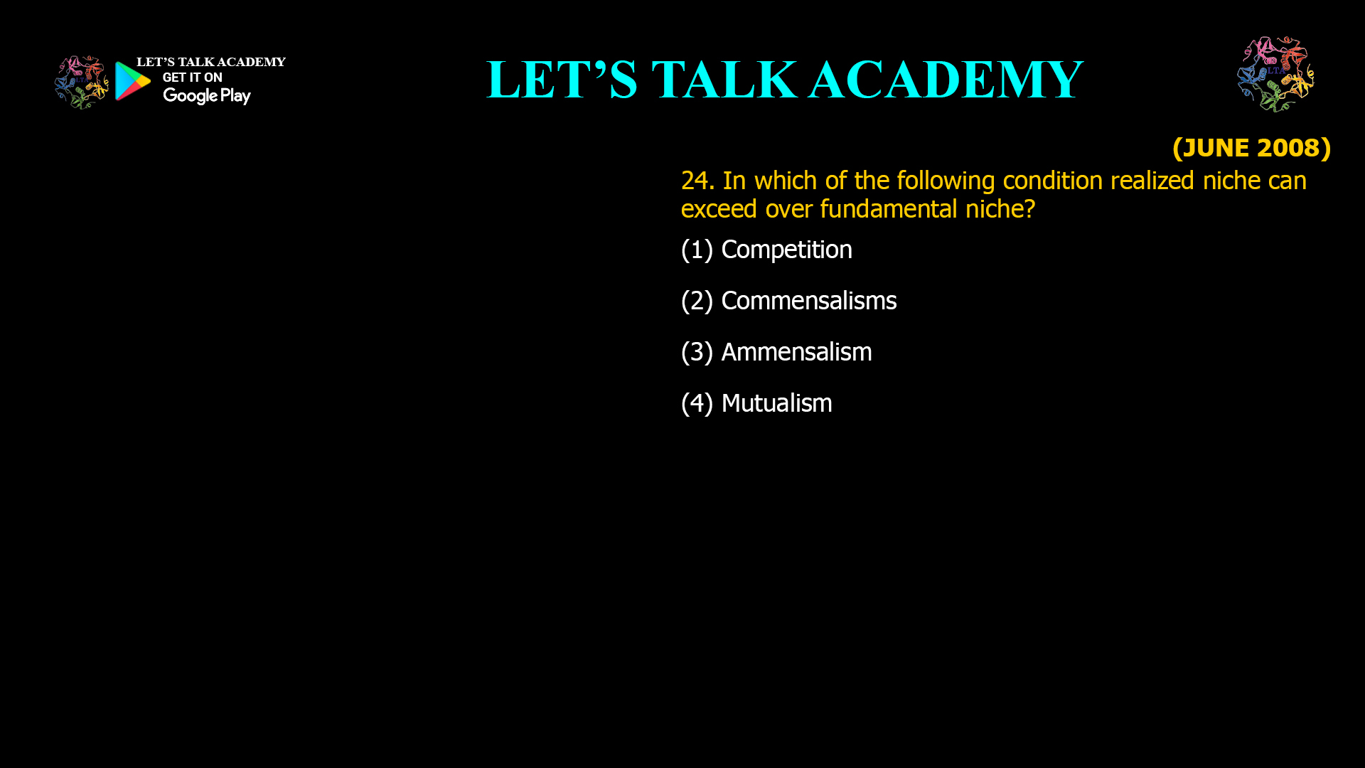 24. In which of the following condition realized niche can exceed over fundamental niche? (1) Competition (2) Commensalisms (3) Ammensalism (4) Mutualism