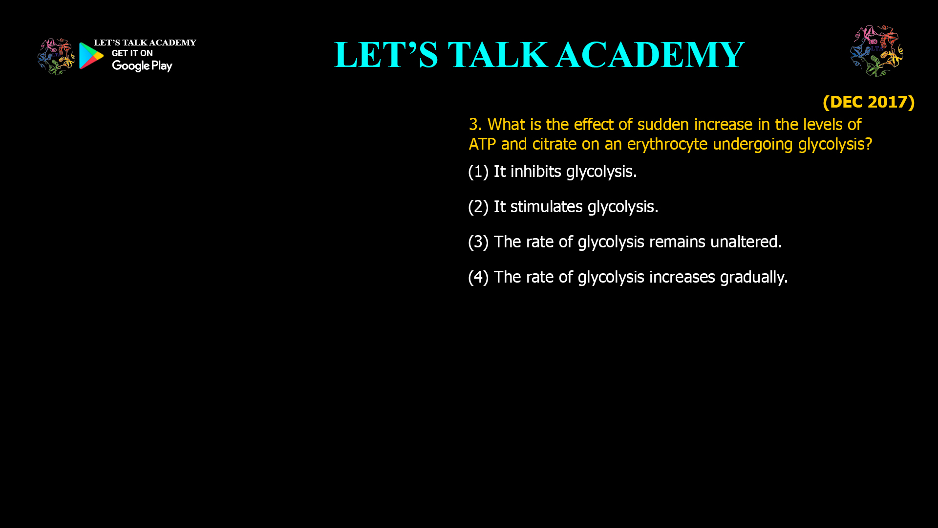 3. What is the effect of sudden increase in the levels of ATP and citrate on an erythrocyte undergoing glycolysis? (1) It inhibits glycolysis. (2) It stimulates glycolysis. (3) The rate of glycolysis remains unaltered. (4) The rate of glycolysis increases gradually.