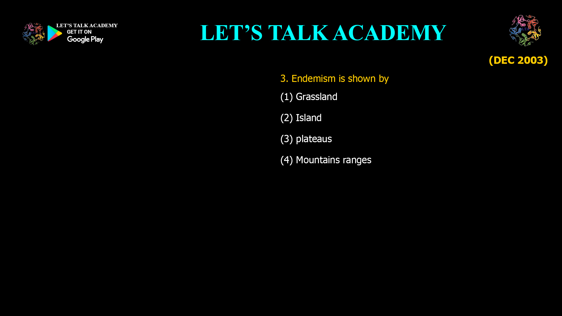 Endemism is shown by (1) Grassland (2) Island (3) plateaus (4) Mountains ranges