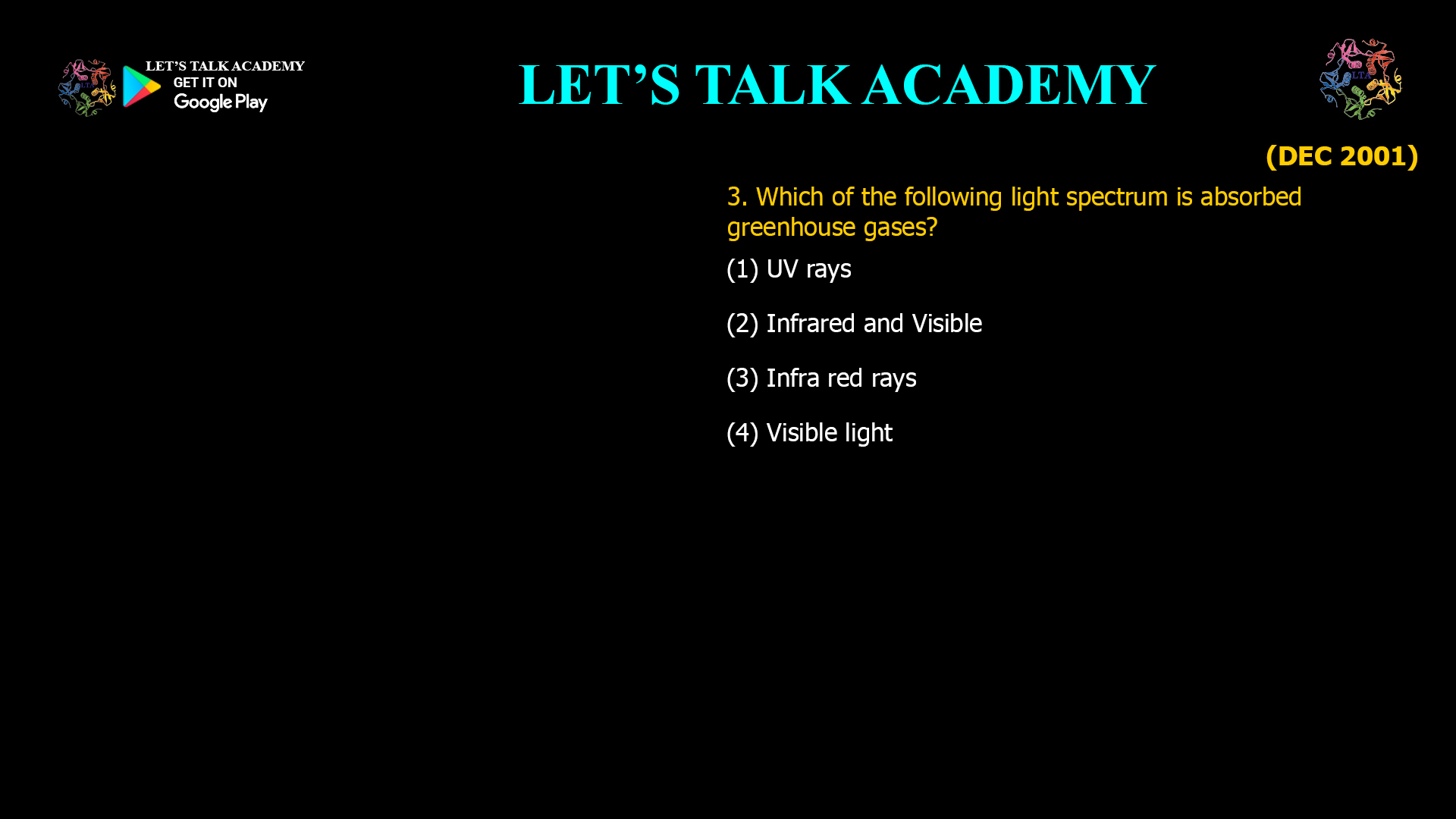 Which of the following light spectrum is absorbed greenhouse gases? (1) UV rays (2) Infrared and Visible (3) Infra red rays (4) Visible light 