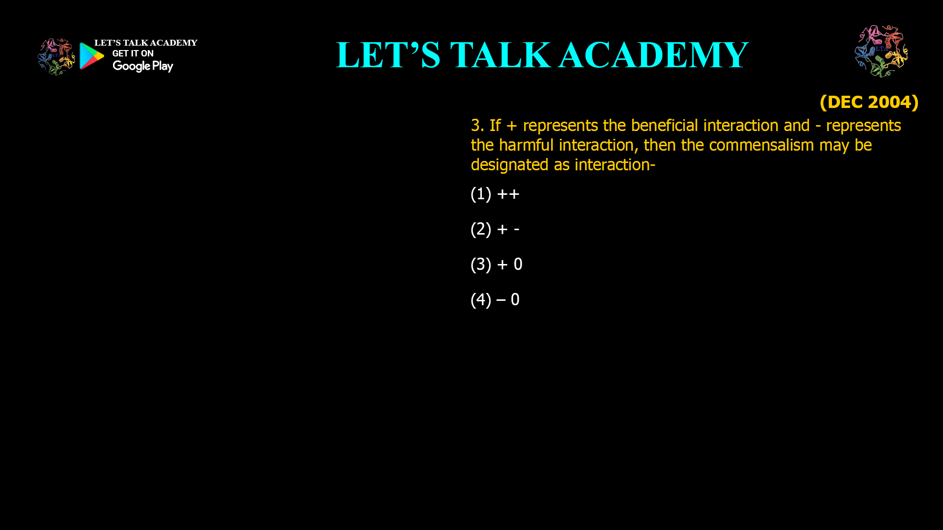 If + represents the beneficial interaction and - represents the harmful interaction, then the commensalism may be designated as interaction- (1) ++ (2) + - (3) + 0 (4) – 0