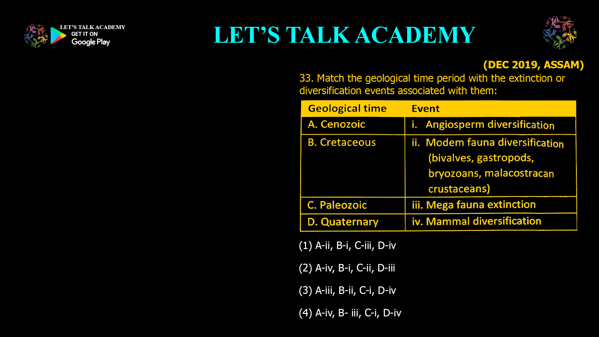 Match the geological time period with the extinction or diversification events associated with them: (1) A-ii, B-i, C-iii, D-iv (2) A-iv, B-i, C-ii, D-iii (3) A-iii, B-ii, C-i, D-iv (4) A-iv, B- iii, C-i, D-iv