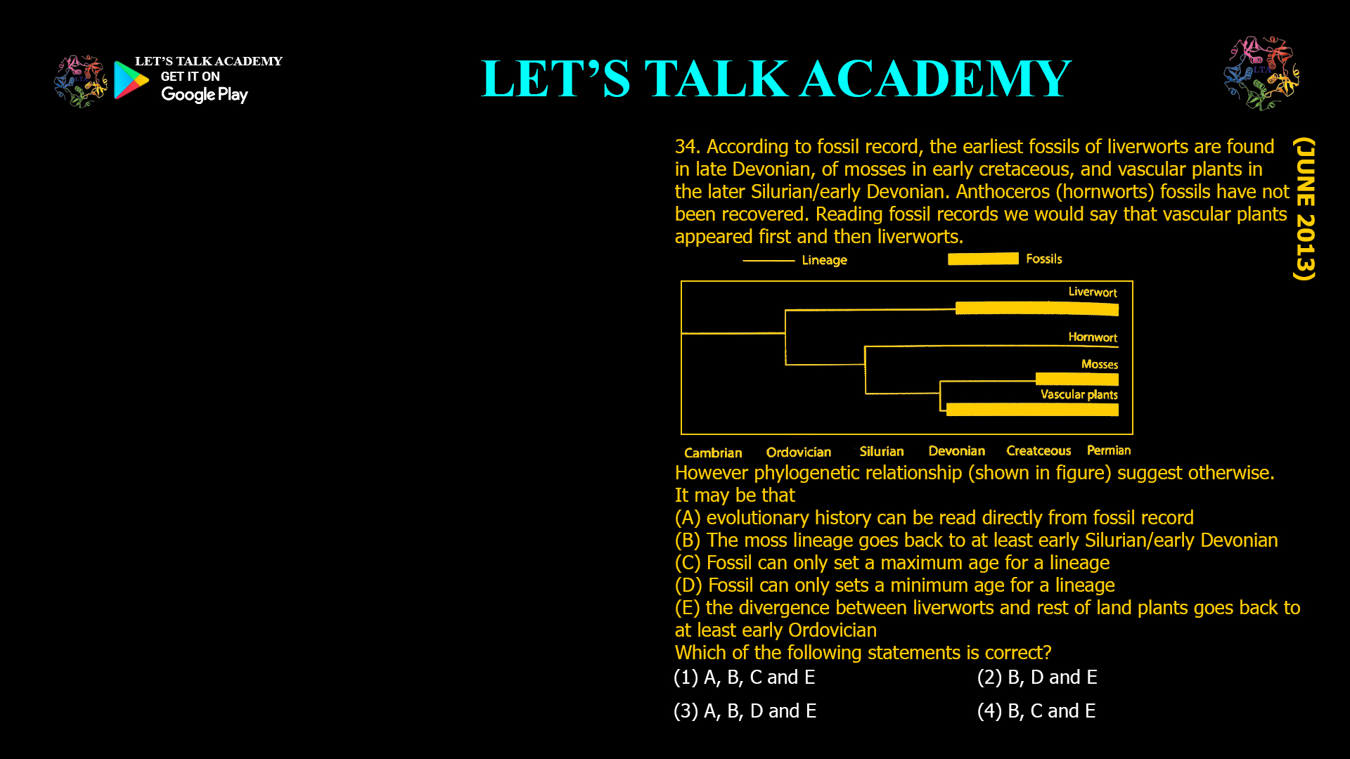 According to fossil record, the earliest fossils of liverworts are found in late Devonian, of mosses in early cretaceous, and vascular plants in the later Silurian/early Devonian. Anthoceros (hornworts) fossils have not been recovered. Reading fossil records we would say that vascular plants appeared first and then liverworts. However phylogenetic relationship (shown in figure) suggest otherwise. It may be that (A) evolutionary history can be read directly from fossil record (B) The moss lineage goes back to at least early Silurian/early Devonian (C) Fossil can only set a maximum age for a lineage (D) Fossil can only sets a minimum age for a lineage (E) the divergence between liverworts and rest of land plants goes back to at least early Ordovician Which of the following statements is correct? (1) A, B, C and E (2) B, D and E (3) A, B, D and E (4) B, C and E