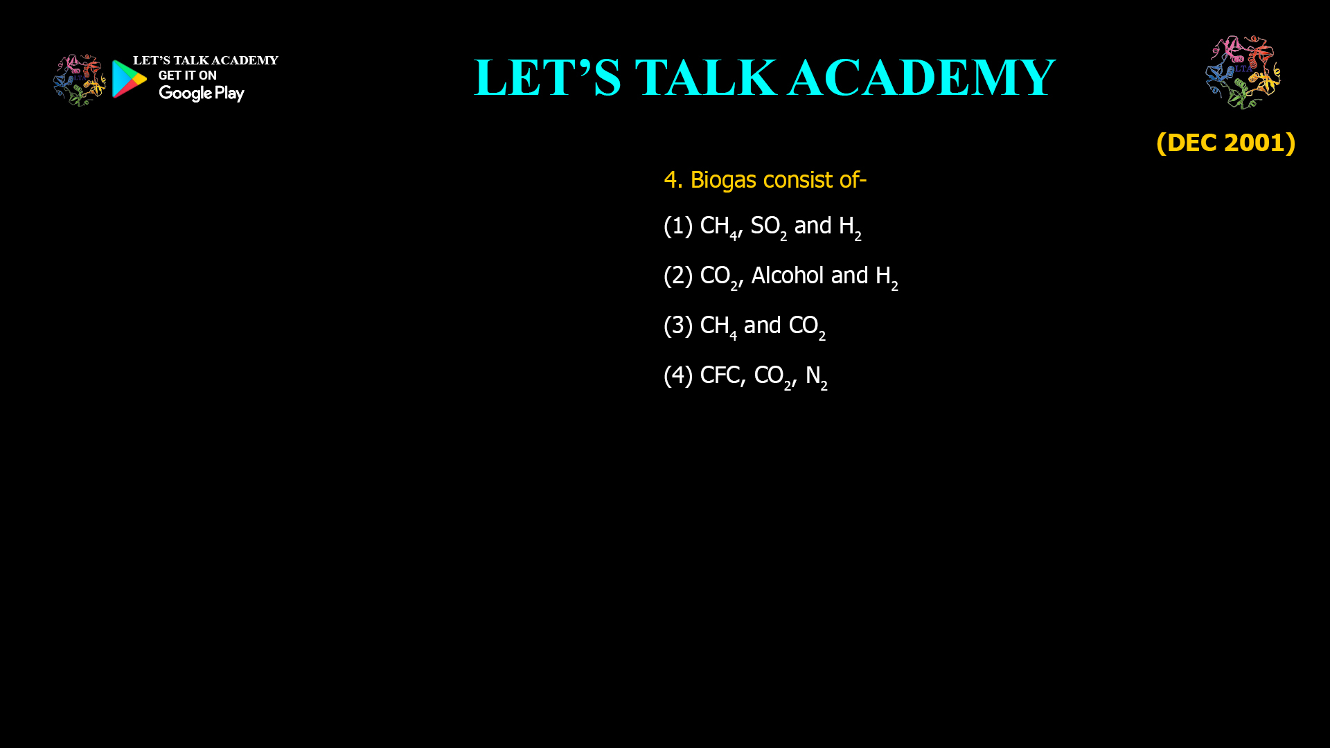 Biogas consist of- (1) CH4, SO2and H2 (2) CO2, Alcohol and H2 (3) CH4and CO2 (4) CFC, CO2, N2 