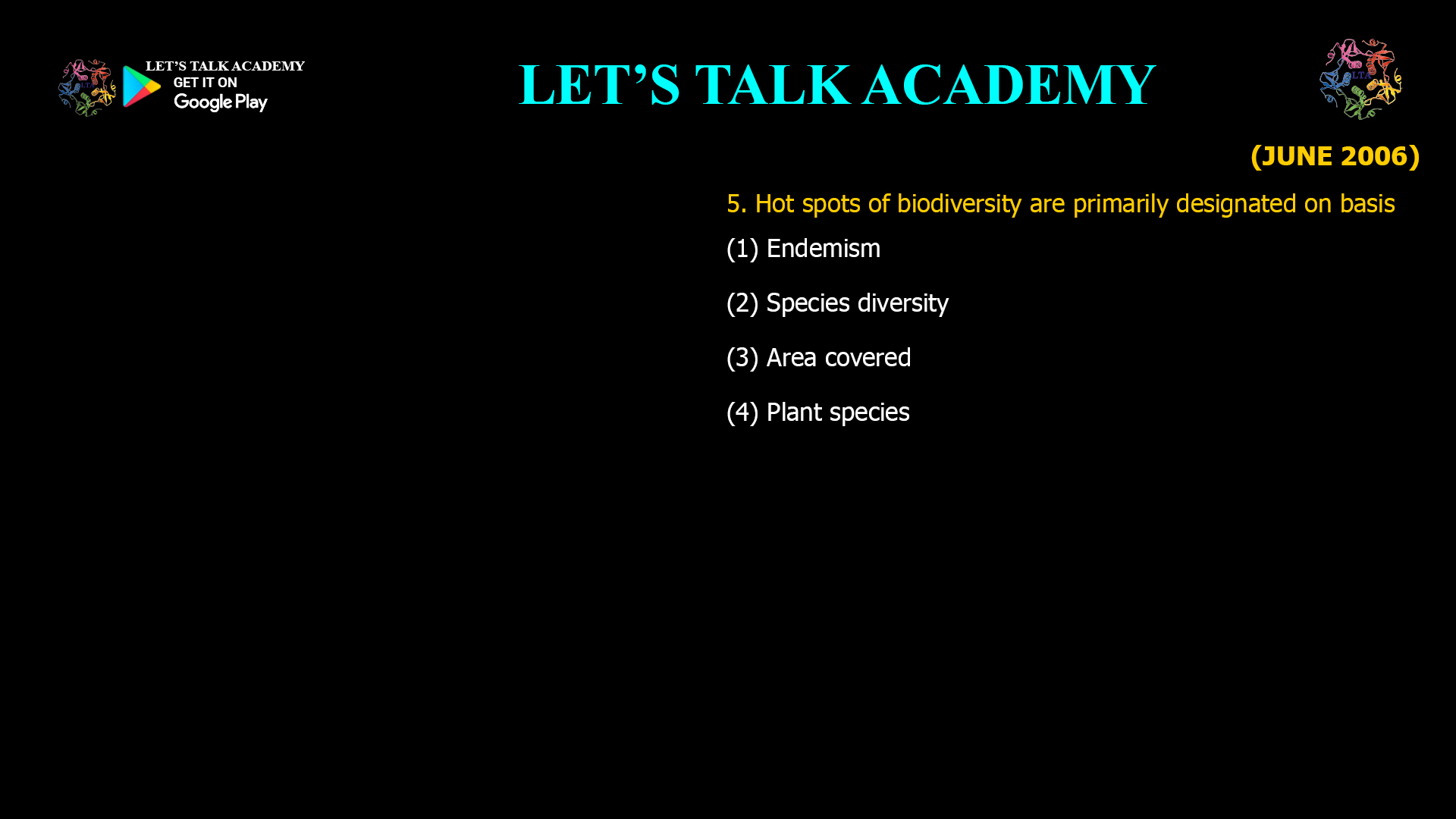 5. Hot spots of biodiversity are primarily designated on basis (1) Endemism (2) Species diversity (3) Area covered (4) Plant species