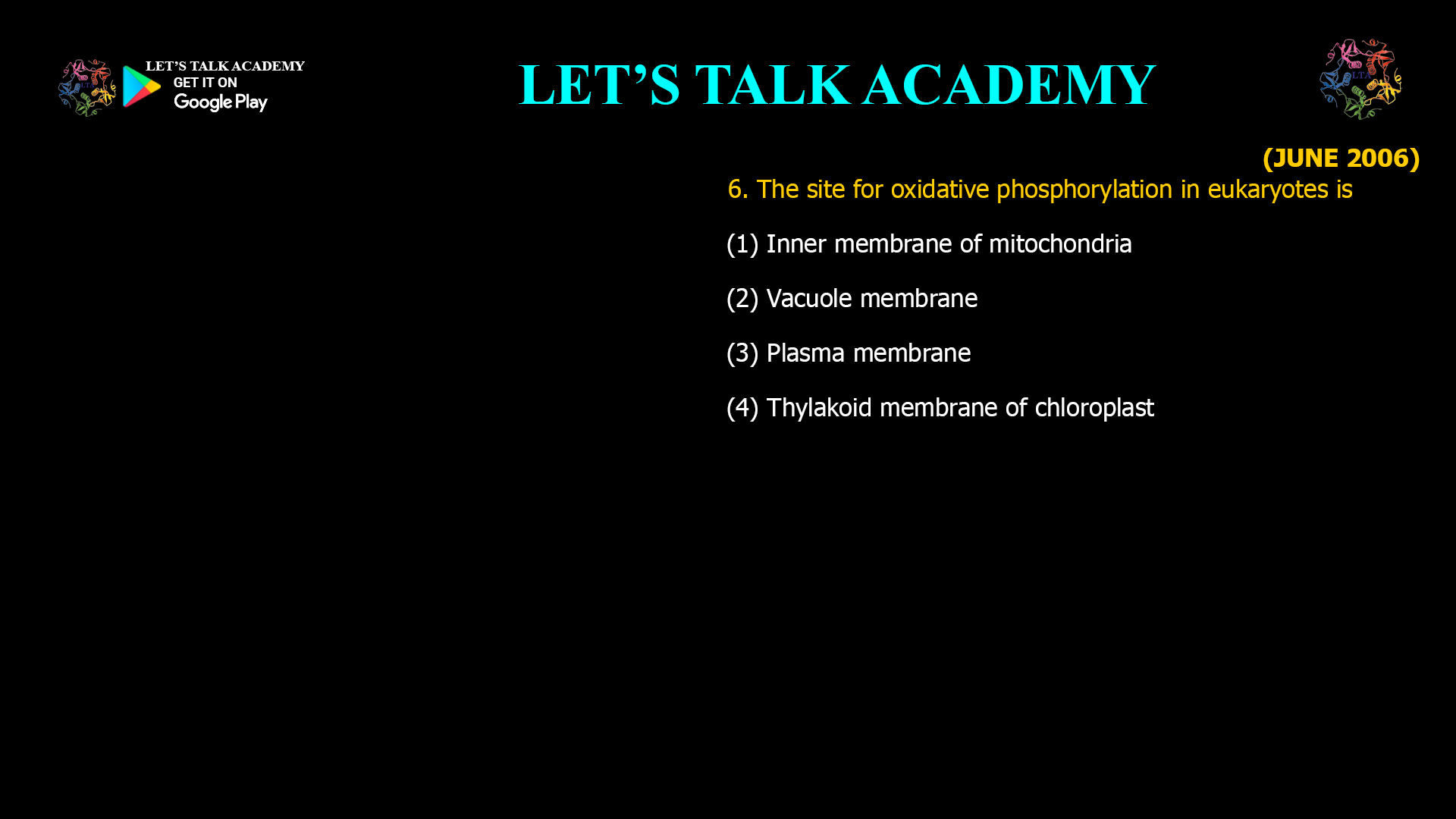 6. The site for oxidative phosphorylation in eukaryotes is (1) Inner membrane of mitochondria (2) Vacuole membrane (3) Plasma membrane (4) Thylakoid membrane of chloroplast
