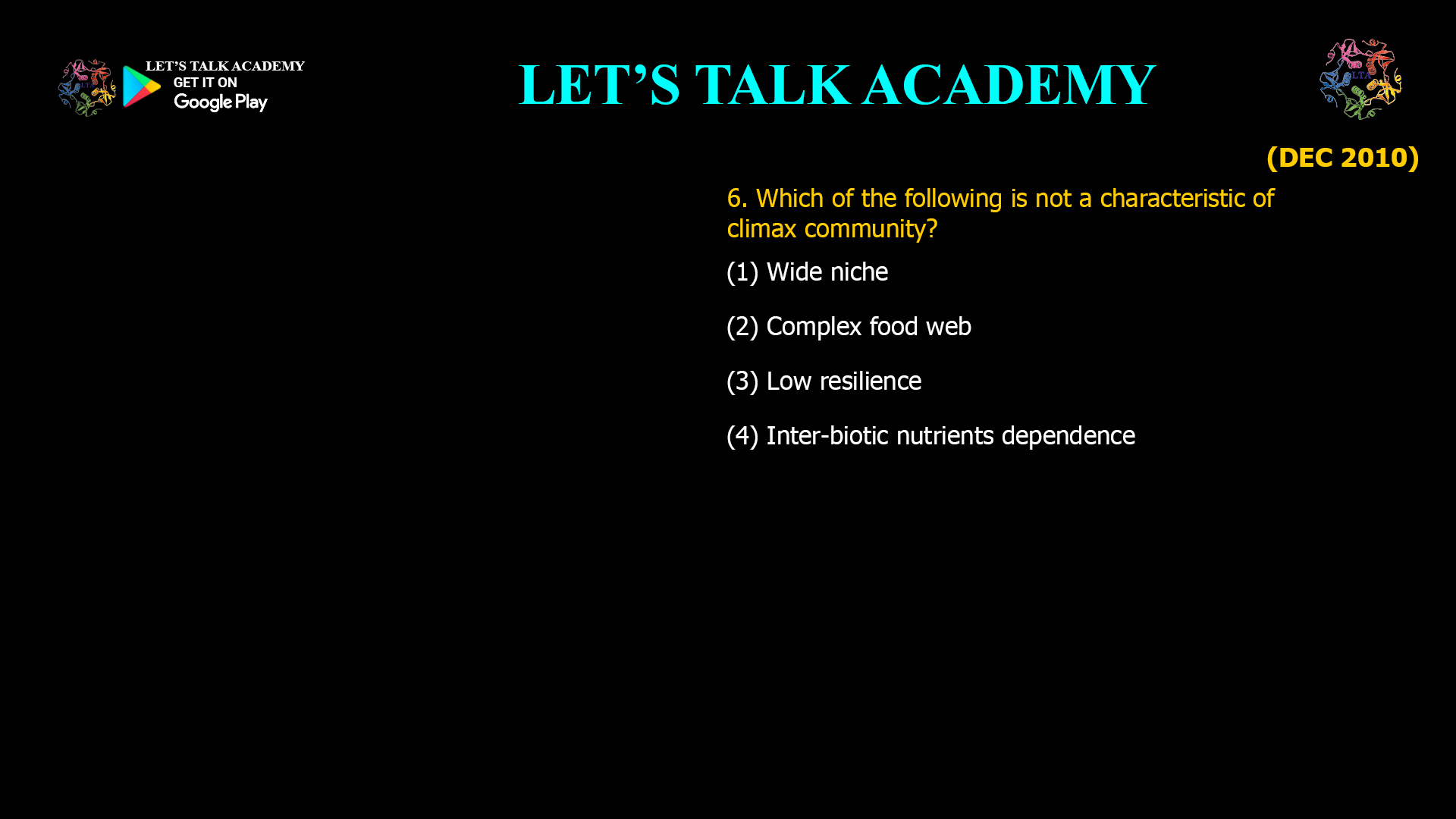 Which of the following is not a characteristic of climax community? (1) Wide niche (2) Complex food web (3) Low resilience (4) Inter-biotic nutrients dependence