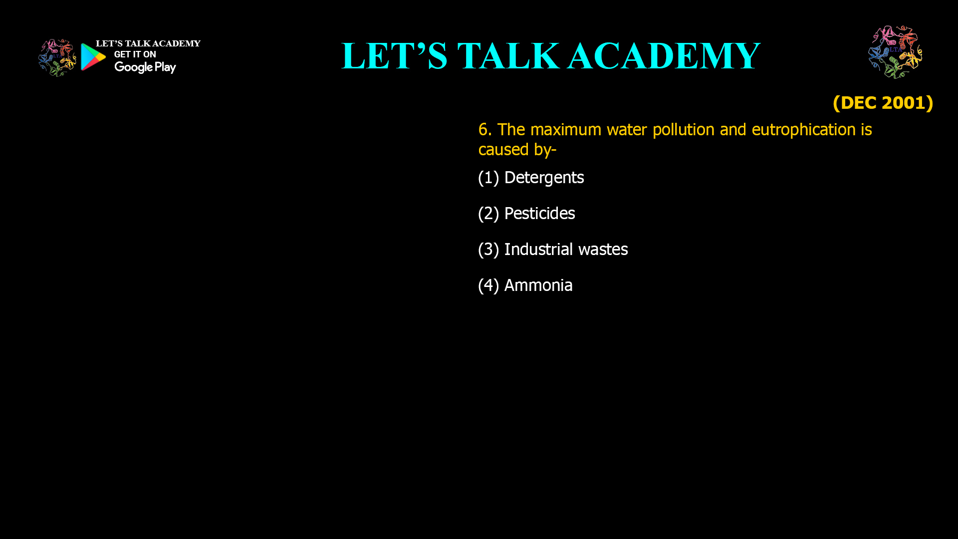 The maximum water pollution and eutrophication is caused by- (1) Detergents (2) Pesticides (3) Industrial wastes (4) Ammonia 