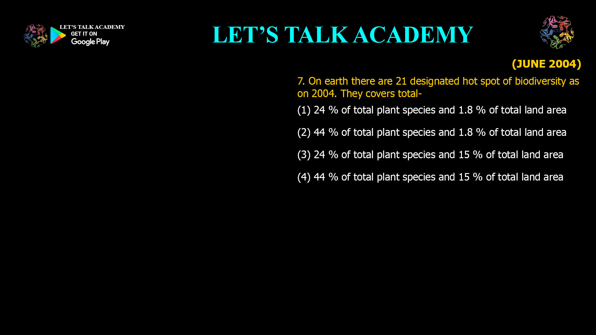 On earth there are 21 designated hot spot of biodiversity as on 2004. They covers total- (1) 24 % of total plant species and 1.8 % of total land area (2) 44 % of total plant species and 1.8 % of total land area (3) 24 % of total plant species and 15 % of total land area (4) 44 % of total plant species and 15 % of total land area