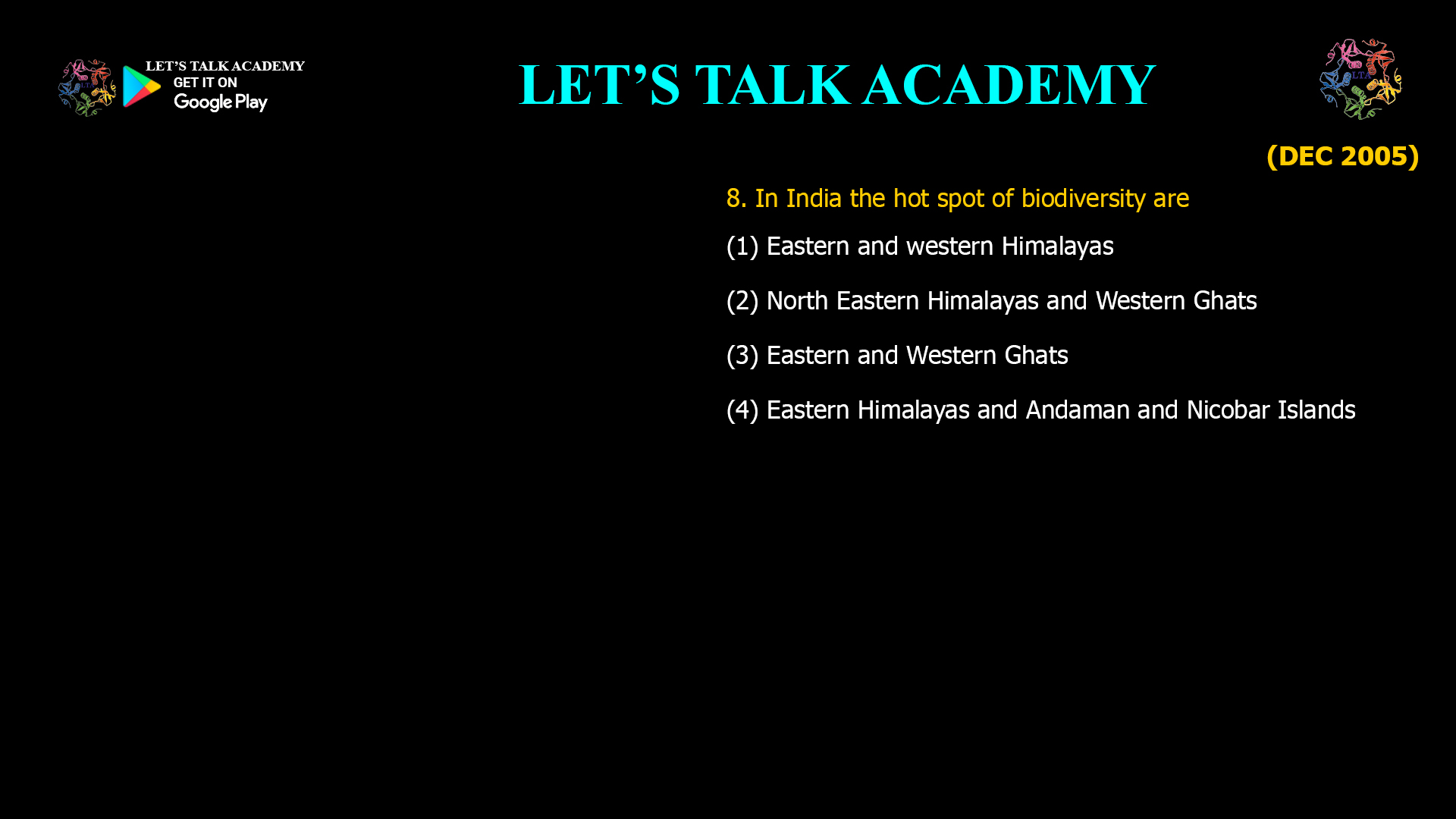 In India the hot spot of biodiversity are (1) Eastern and western Himalayas (2) North Eastern Himalayas and Western Ghats (3) Eastern and Western Ghats (4) Eastern Himalayas and Andaman and Nicobar Islands  