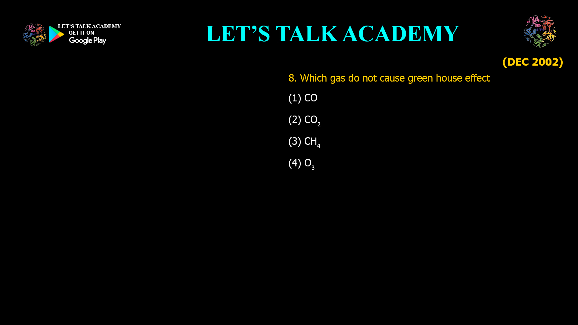 Which gas do not cause green house effect (1) CO (2) CO2 (3) CH4 (4) O3