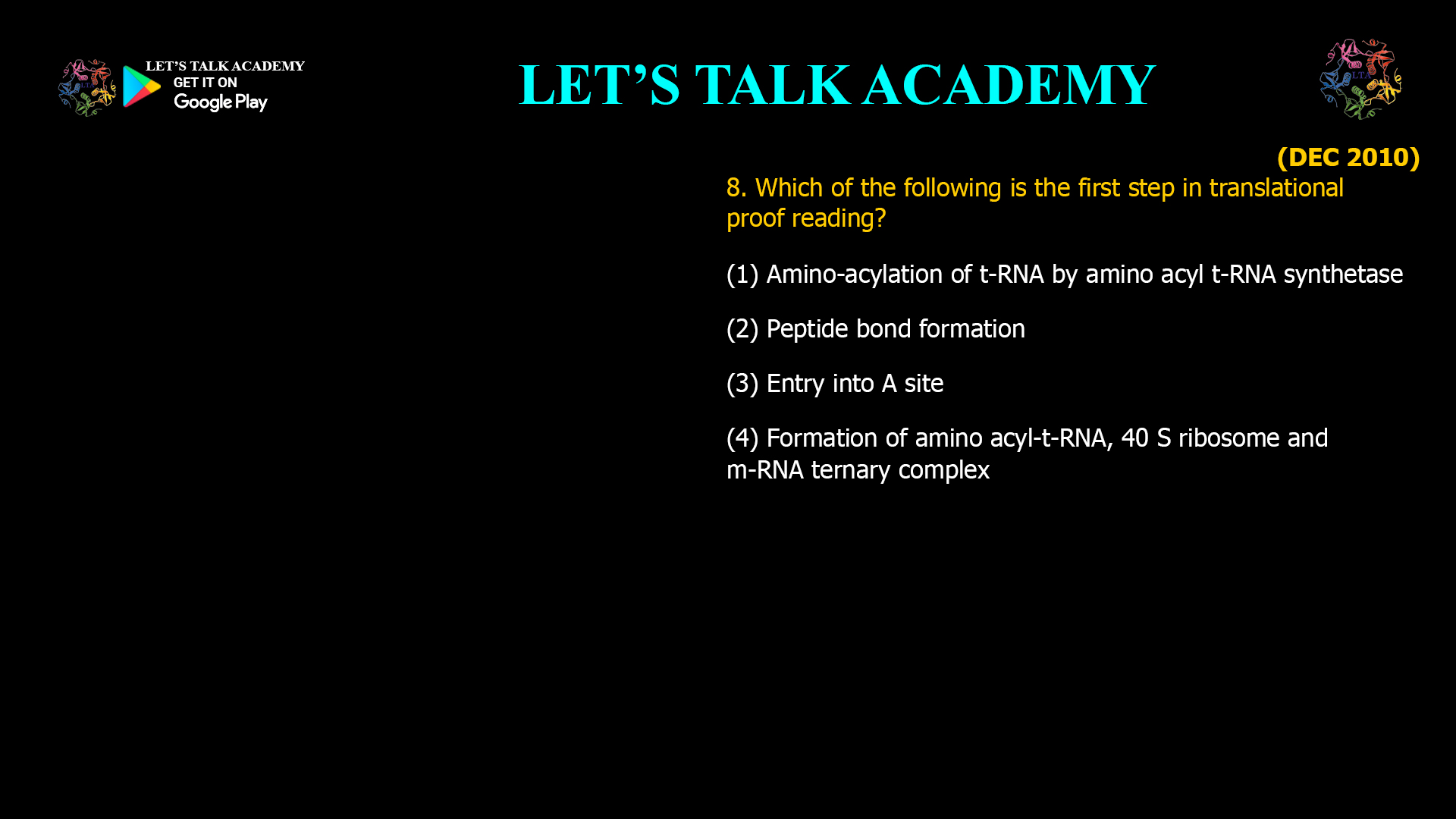 Which of the following is the first step in translational proof reading? (1) Amino-acylation of t-RNA by amino acyl t-RNA synthetase (2) Peptide bond formation (3) Entry into A site (4) Formation of amino acyl-t-RNA, 40 S ribosome and m-RNA ternary complex write a seo freindly artical with appropriate slug and title meta description with in 1000 words without giving refrence link also use all keyword realted to this artical and give the correct answer 