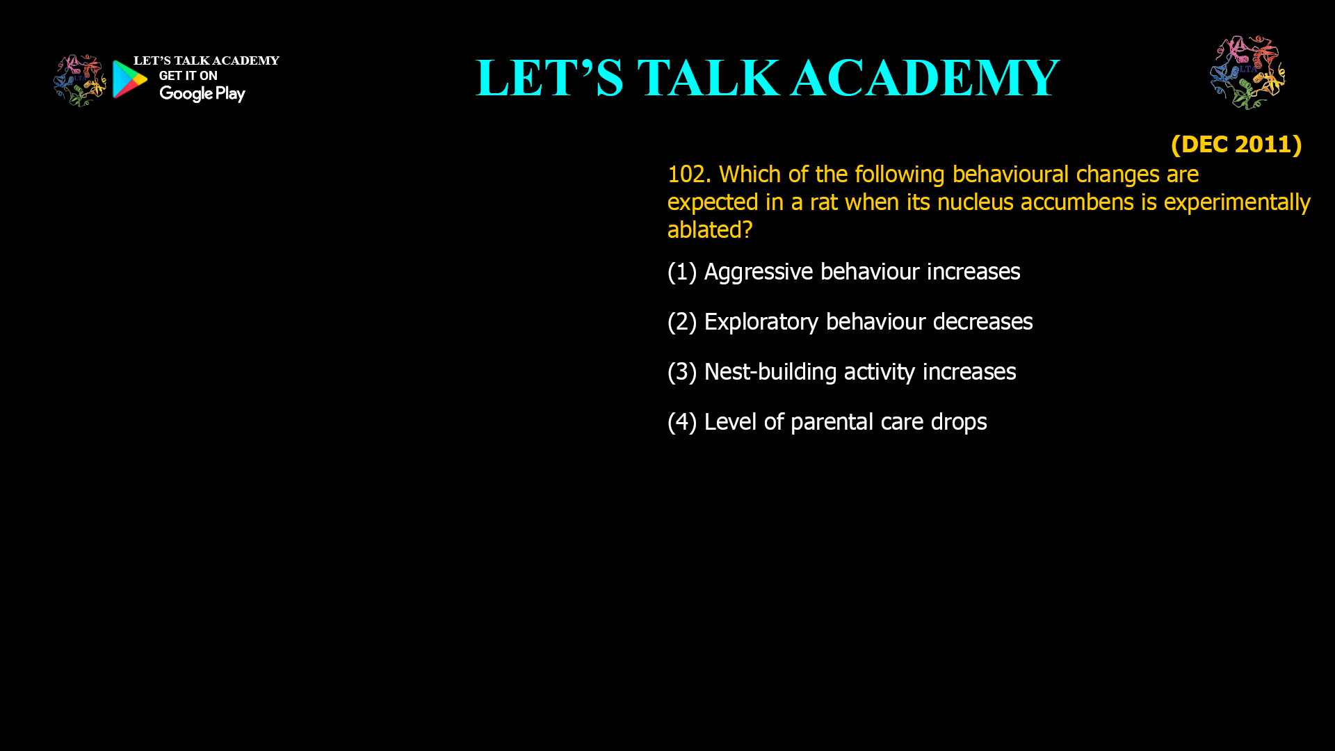Which of the following behavioural changes are expected in a rat when its nucleus accumbens is experimentally ablated? (1) Aggressive behaviour increases (2) Exploratory behaviour decreases (3) Nest-building activity increases (4) Level of parental care drops