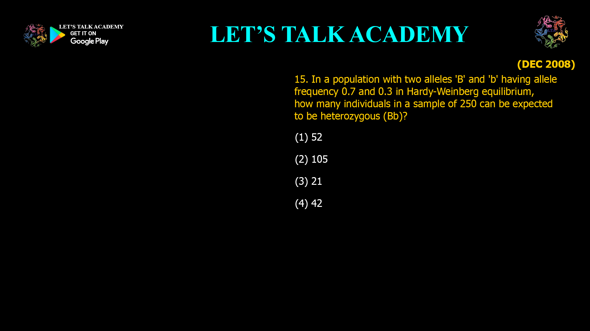 In a population with two alleles 'B' and 'b' having allele frequency 0.7 and 0.3 in Hardy-Weinberg equilibrium, how many individuals in a sample of 250 can be expected to be heterozygous (Bb)? (1) 52 (2) 105 (3) 21 (4) 42