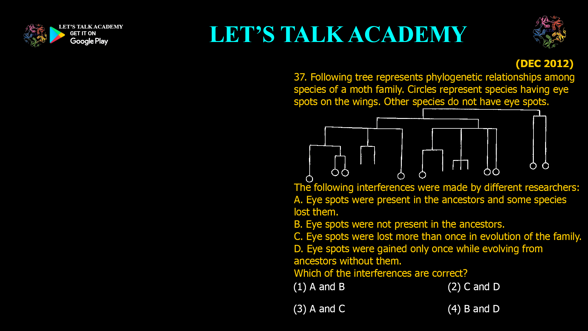 Following tree represents phylogenetic relationships among species of a moth family. Circles represent species having eye spots on the wings. Other species do not have eye spots. The following interferences were made by different researchers: A. Eye spots were present in the ancestors and some species lost them. B. Eye spots were not present in the ancestors. C. Eye spots were lost more than once in evolution of the family. D. Eye spots were gained only once while evolving from ancestors without them. Which of the interferences are correct? (1) A and B (2) C and D (3) A and C (4) B and D
