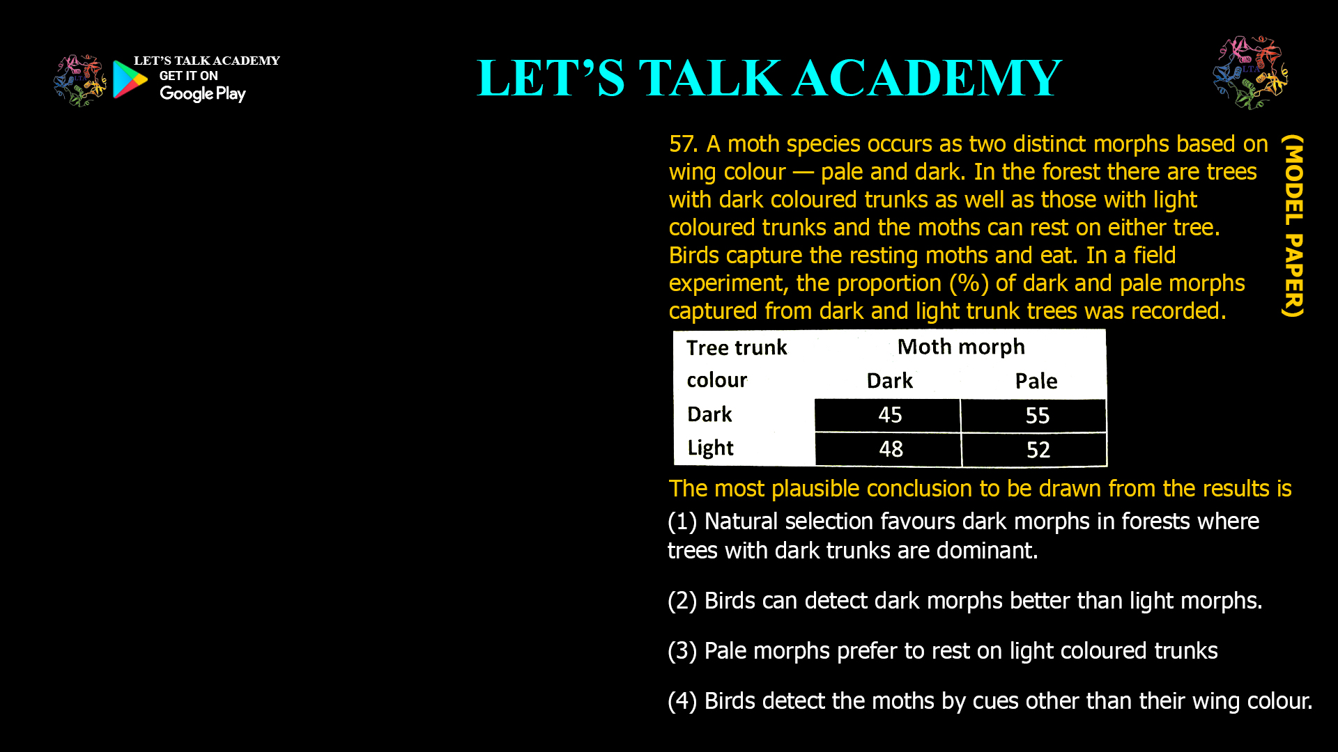 A moth species occurs as two distinct morphs based on wing colour — pale and dark. In the forest there are trees with dark coloured trunks as well as those with light coloured trunks and the moths can rest on either tree. Birds capture the resting moths and eat. In a field experiment, the proportion (%) of dark and pale morphs captured from dark and light trunk trees was recorded. The most plausible conclusion to be drawn from the results is (1) Natural selection favours dark morphs in forests where trees with dark trunks are dominant. (2) Birds can detect dark morphs better than light morphs. (3) Pale morphs prefer to rest on light coloured trunks (4) Birds detect the moths by cues other than their wing colour.