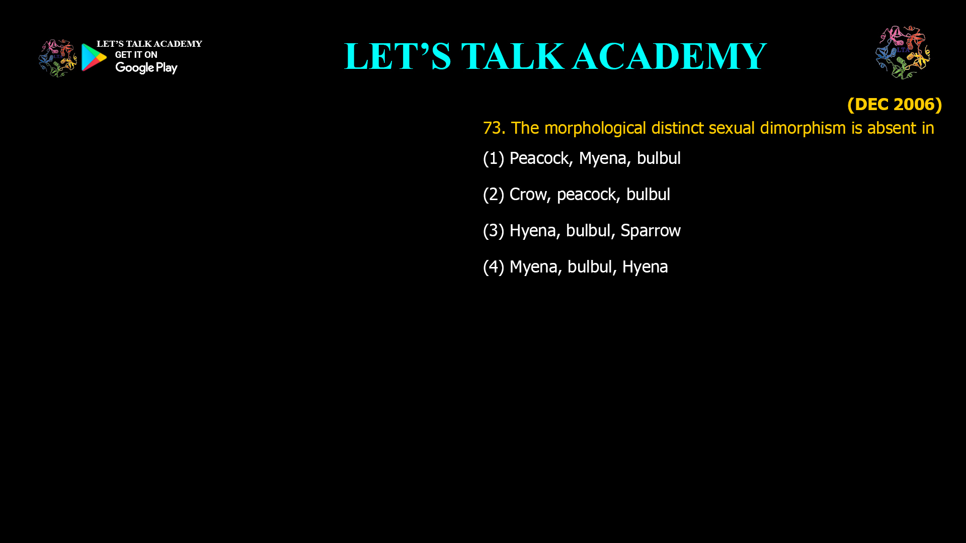 The morphological distinct sexual dimorphism is absent in (1) Peacock, Myena, bulbul (2) Crow, peacock, bulbul (3) Hyena, bulbul, Sparrow (4) Myena, bulbul, Hyena