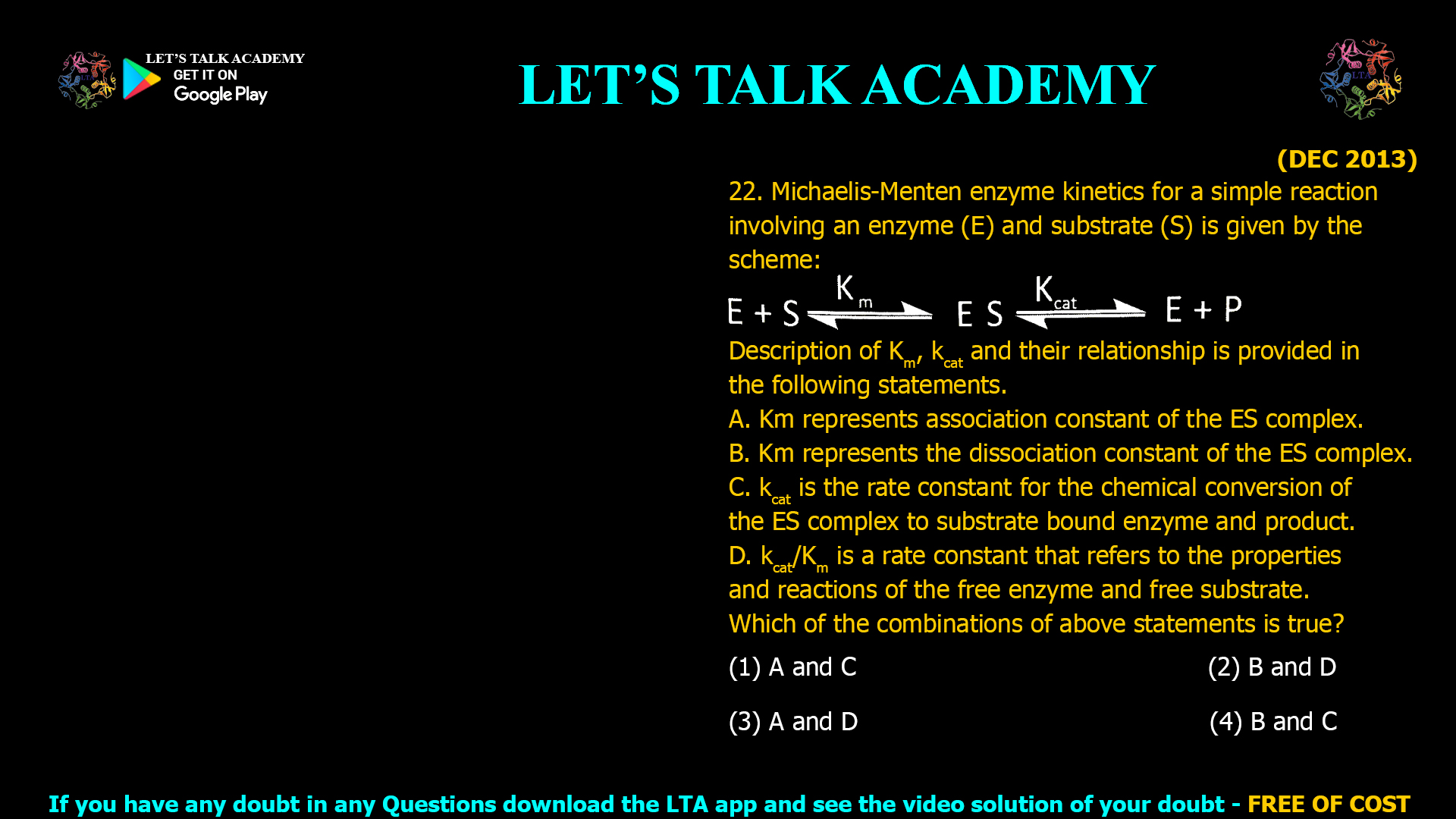 (DEC 2013) 22. Michaelis-Menten enzyme kinetics for a simple reaction involving an enzyme (E) and substrate (S) is given by the scheme: Description of Km, kcat and their relationship is provided in the following statements. A. Km represents association constant of the ES complex. B. Km represents the dissociation constant of the ES complex. C. kcat is the rate constant for the chemical conversion of the ES complex to substrate bound enzyme and product. D. kcat/Km is a rate constant that refers to the properties and reactions of the free enzyme and free substrate. Which of the combinations of above statements is true? (1) A and C (2) B and D (3) A and D (4) B and C