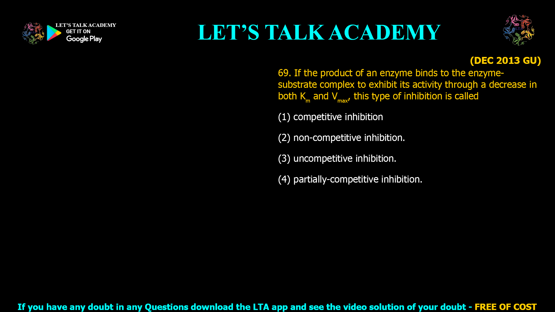 (DEC 2013 GU) 69. If the product of an enzyme binds to the enzyme- substrate complex to exhibit its activity through a decrease in both Km and Vmax, this type of inhibition is called (1) competitive inhibition (2) non-competitive inhibition. (3) uncompetitive inhibition. (4) partially-competitive inhibition.