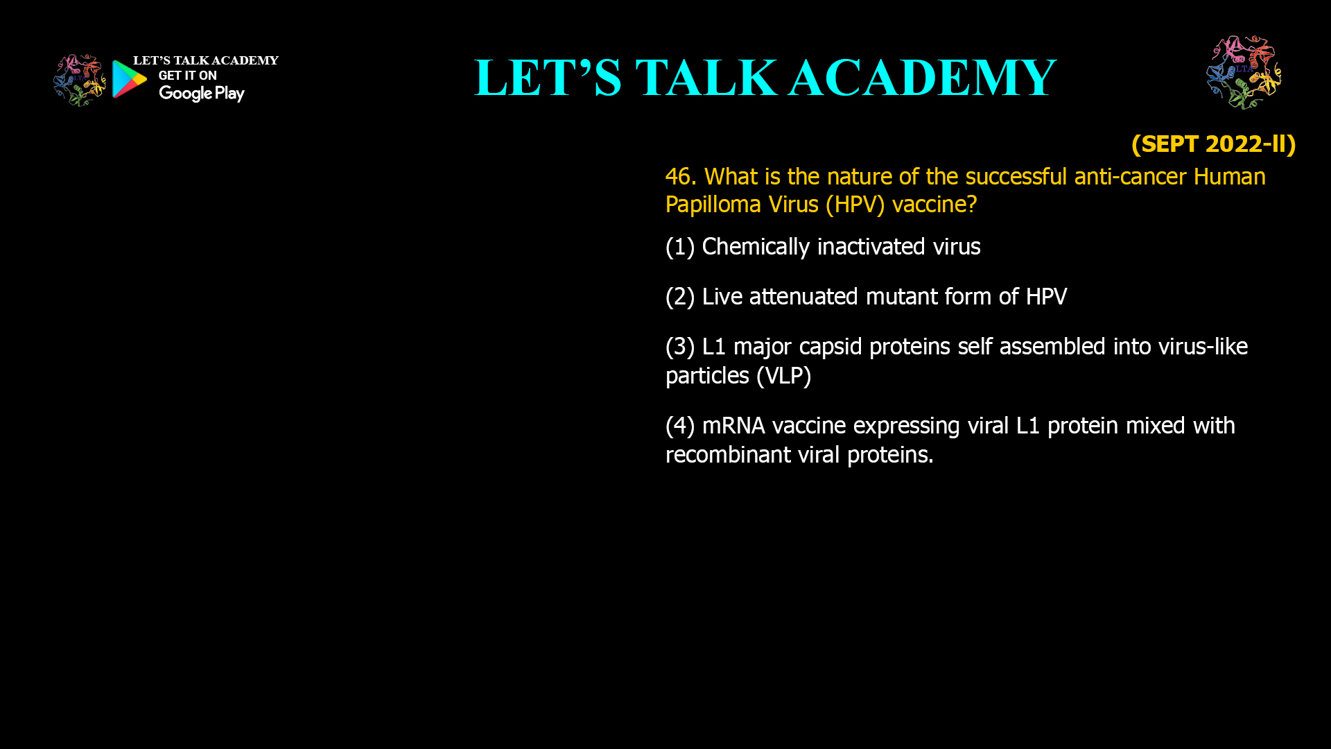 What is the nature of the successful anti-cancer Human Papilloma Virus (HPV) vaccine? (1) Chemically inactivated virus (2) Live attenuated mutant form of HPV (3) L1 major capsid proteins self assembled into virus-like particles (VLP) (4) mRNA vaccine expressing viral L1 protein mixed with recombinant viral proteins.