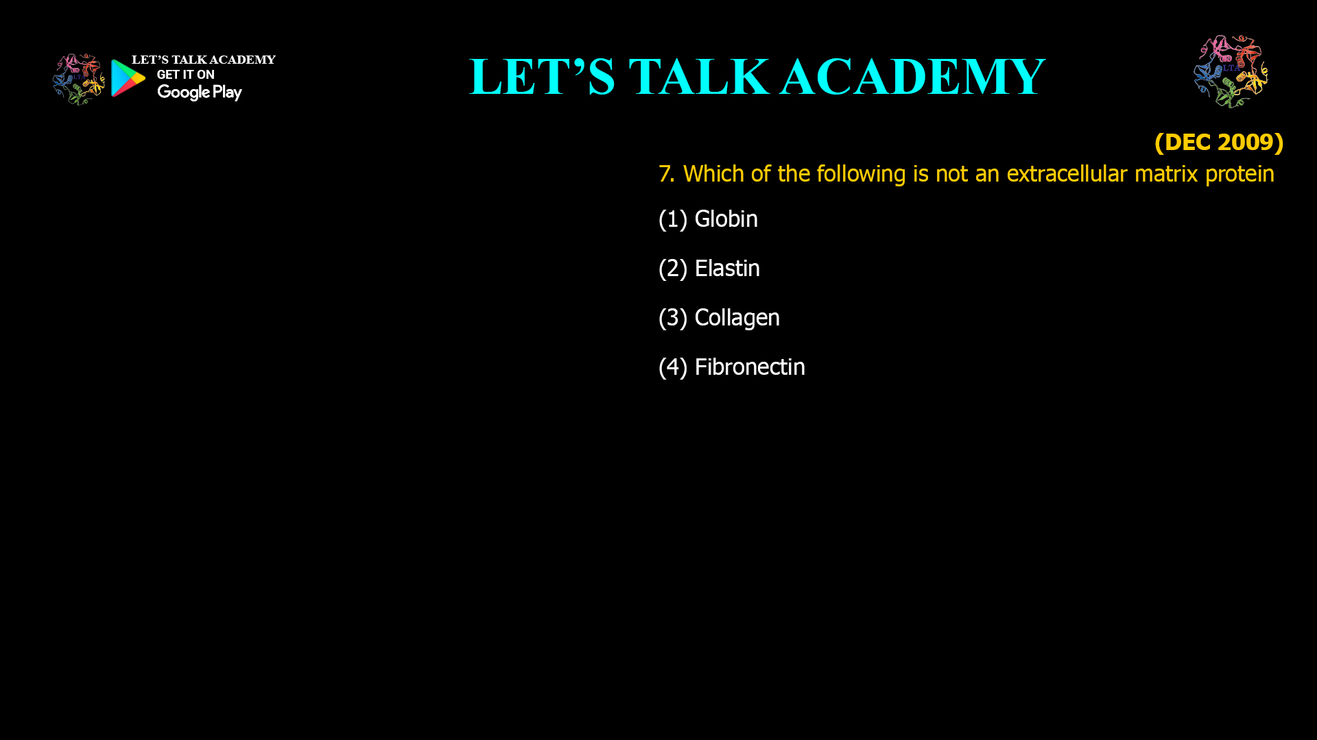 Which of the following is not an extracellular matrix protein (1) Globin (2) Elastin (3) Collagen (4) Fibronectin
