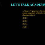 1. When a F1 generation of a monohybrid cross is allowed self-fertilize, the expected phenotypic ratio is (1) 2:1 (2) 3:1 (3) 4:1 (4) 3:4