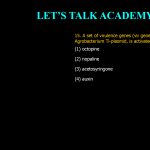 15. A set of virulence genes (vir genes), located in the Agrobacterium Ti-plasmid, is activated by (1) octopine (2) nopaline (3) acetosyringone (4) auxin