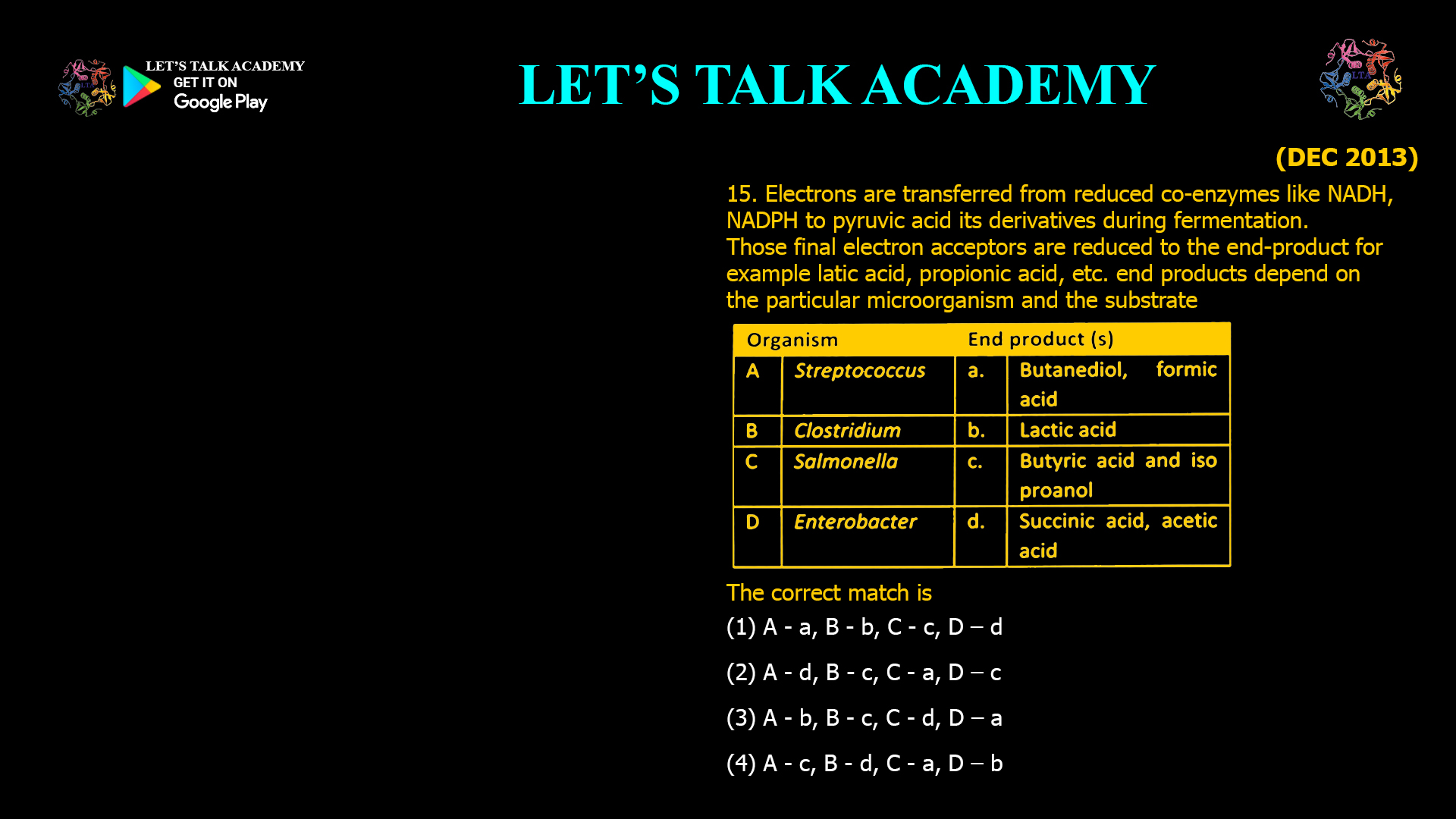 15. Electrons are transferred from reduced co-enzymes like NADH, NADPH to pyruvic acid its derivatives during fermentation. Those final electron acceptors are reduced to the end-product for example latic acid, propionic acid, etc. end products depend on the particular microorganism and the substrate The correct match is (1) A - a, B - b, C - c, D – d (2) A - d, B - c, C - a, D – c (3) A - b, B - c, C - d, D – a (4) A - c, B - d, C - a, D – b