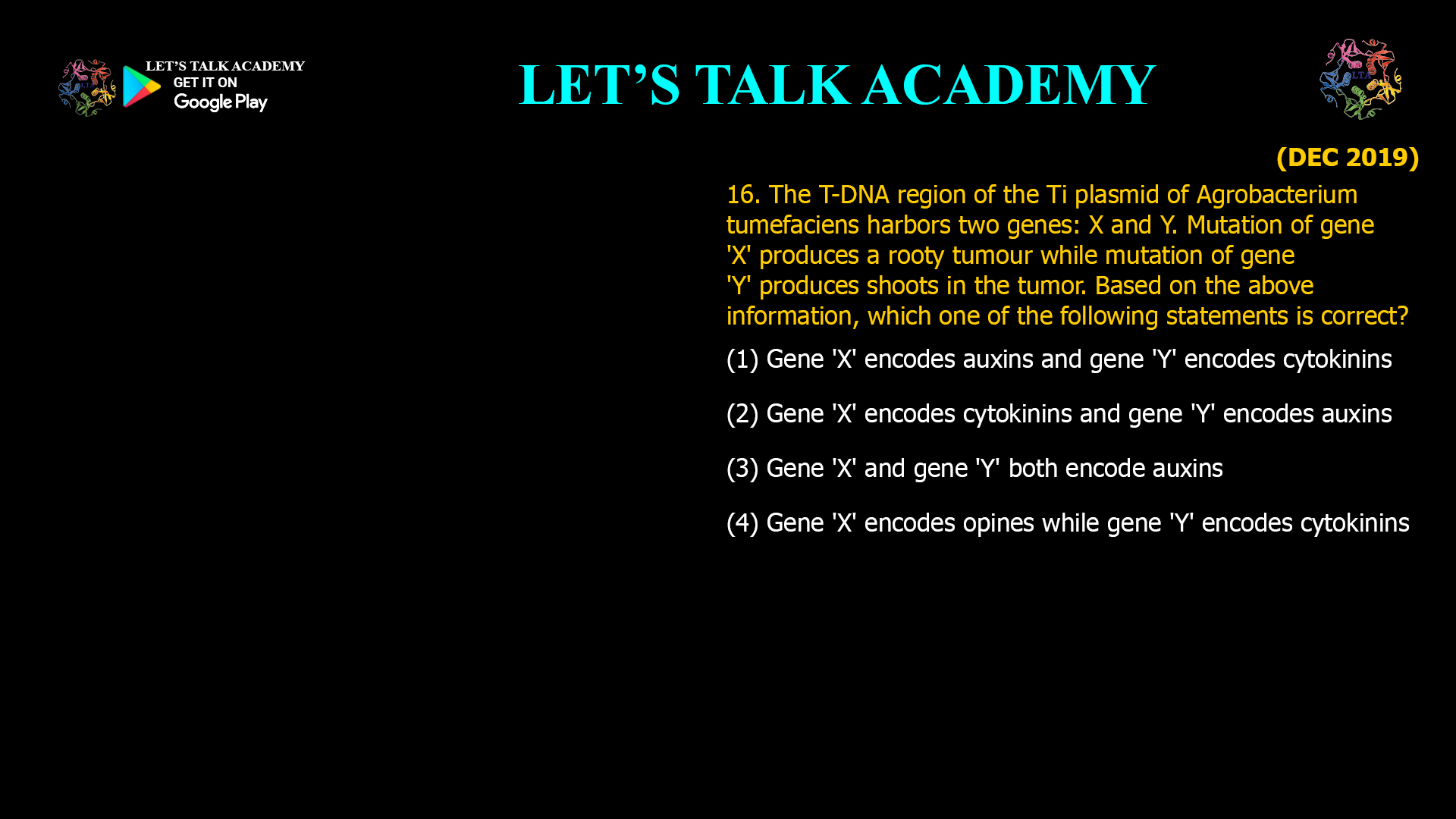 16. The T-DNA region of the Ti plasmid of Agrobacterium tumefaciens harbors two genes: X and Y. Mutation of gene 'X' produces a rooty tumour while mutation of gene 'Y' produces shoots in the tumor. Based on the above information, which one of the following statements is correct? (1) Gene 'X' encodes auxins and gene 'Y' encodes cytokinins (2) Gene 'X' encodes cytokinins and gene 'Y' encodes auxins (3) Gene 'X' and gene 'Y' both encode auxins (4) Gene 'X' encodes opines while gene 'Y' encodes cytokinins 16. The T-DNA region of the Ti plasmid of Agrobacterium tumefaciens harbors two genes: X and Y. Mutation of gene 'X' produces a rooty tumour while mutation of gene 'Y' produces shoots in the tumor. Based on the above information, which one of the following statements is correct? (1) Gene 'X' encodes auxins and gene 'Y' encodes cytokinins (2) Gene 'X' encodes cytokinins and gene 'Y' encodes auxins (3) Gene 'X' and gene 'Y' both encode auxins (4) Gene 'X' encodes opines while gene 'Y' encodes cytokinins