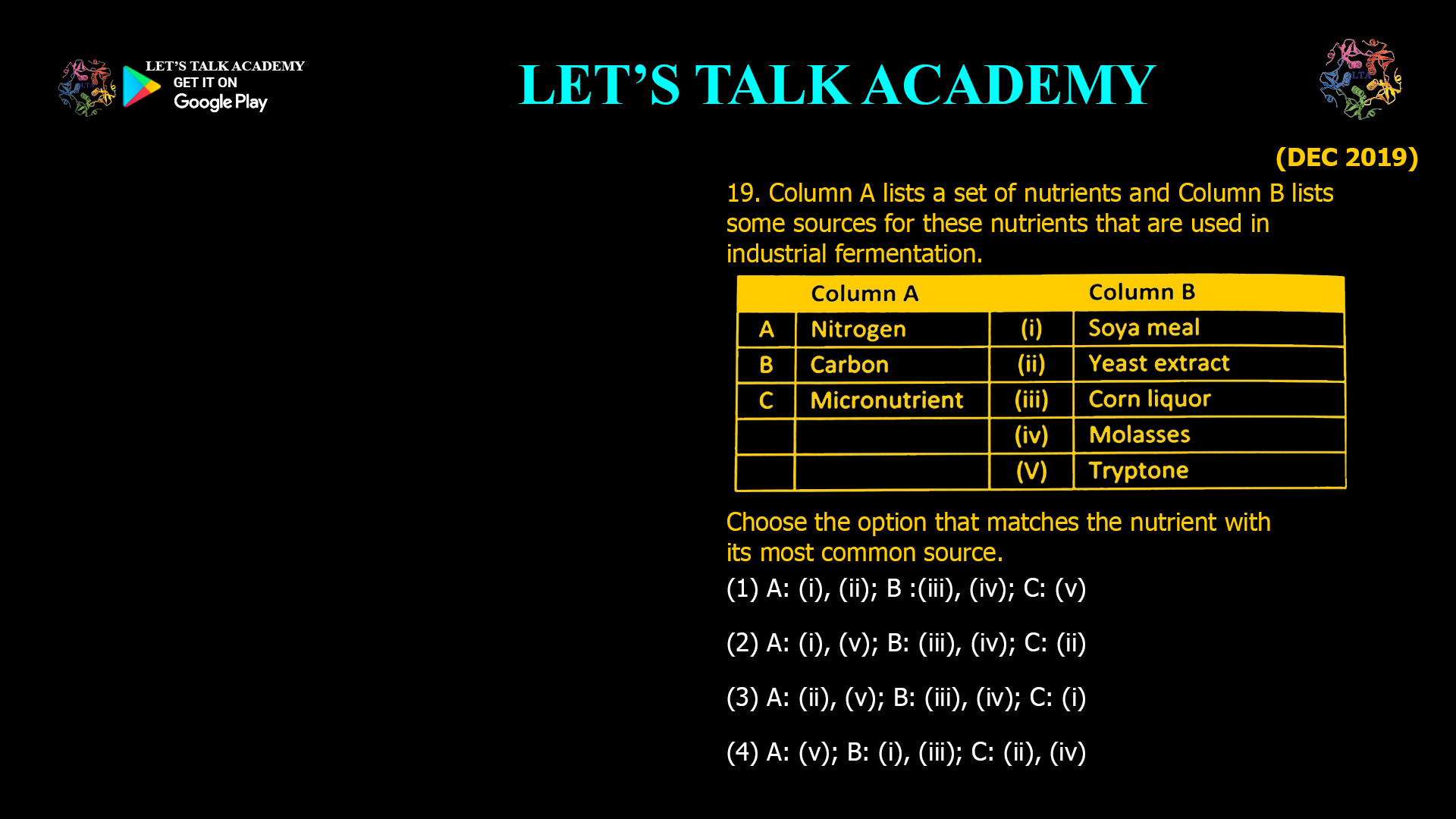 19. Column A lists a set of nutrients and Column B lists some sources for these nutrients that are used in industrial fermentation. Choose the option that matches the nutrient with its most common source. (1) A: (i), (ii); B :(iii), (iv); C: (v) (2) A: (i), (v); B: (iii), (iv); C: (ii) (3) A: (ii), (v); B: (iii), (iv); C: (i) (4) A: (v); B: (i), (iii); C: (ii), (iv)