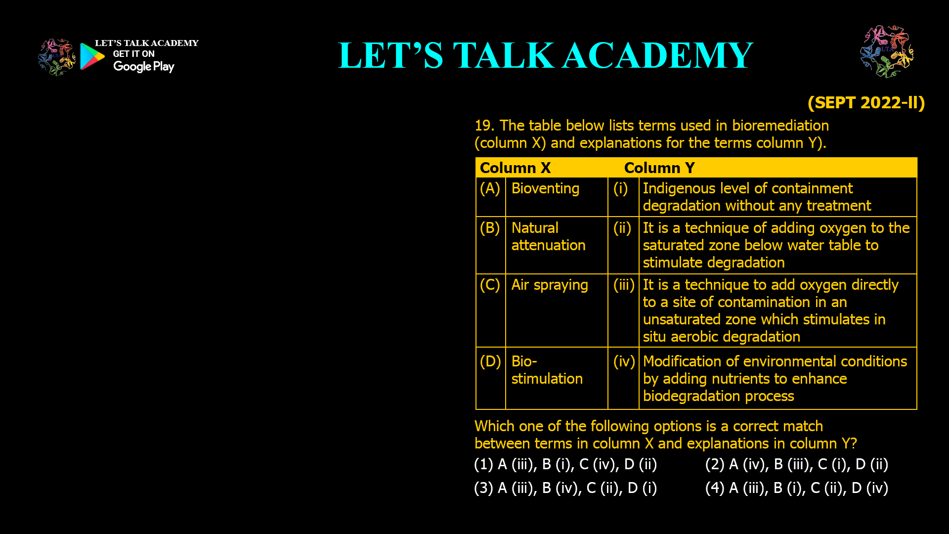 19. The table below lists terms used in bioremediation (column X) and explanations for the terms column Y). Which one of the following options is a correct match between terms in column X and explanations in column Y? (1) A (iii), B (i), C (iv), D (ii) (2) A (iv), B (iii), C (i), D (ii) (3) A (iii), B (iv), C (ii), D (i) (4) A (iii), B (i), C (ii), D (iv)