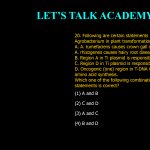 20. Following are certain statements regarding the use of Agrobacterium in plant transformation. A. A. tumefaciens causes crown gall disease and A. rhizogenes causes hairy root disease. B. Region A in Ti plasmid is responsible for replication. C. Region D in Ti plasmid is responsible for virulence. D. Oncogenic (one) region in T-DNA is responsible for unusual amino acid synthesis. Which one of the following combinations of above statements is correct? (1) A and B (2) C and D (3) A and C (4) B and D