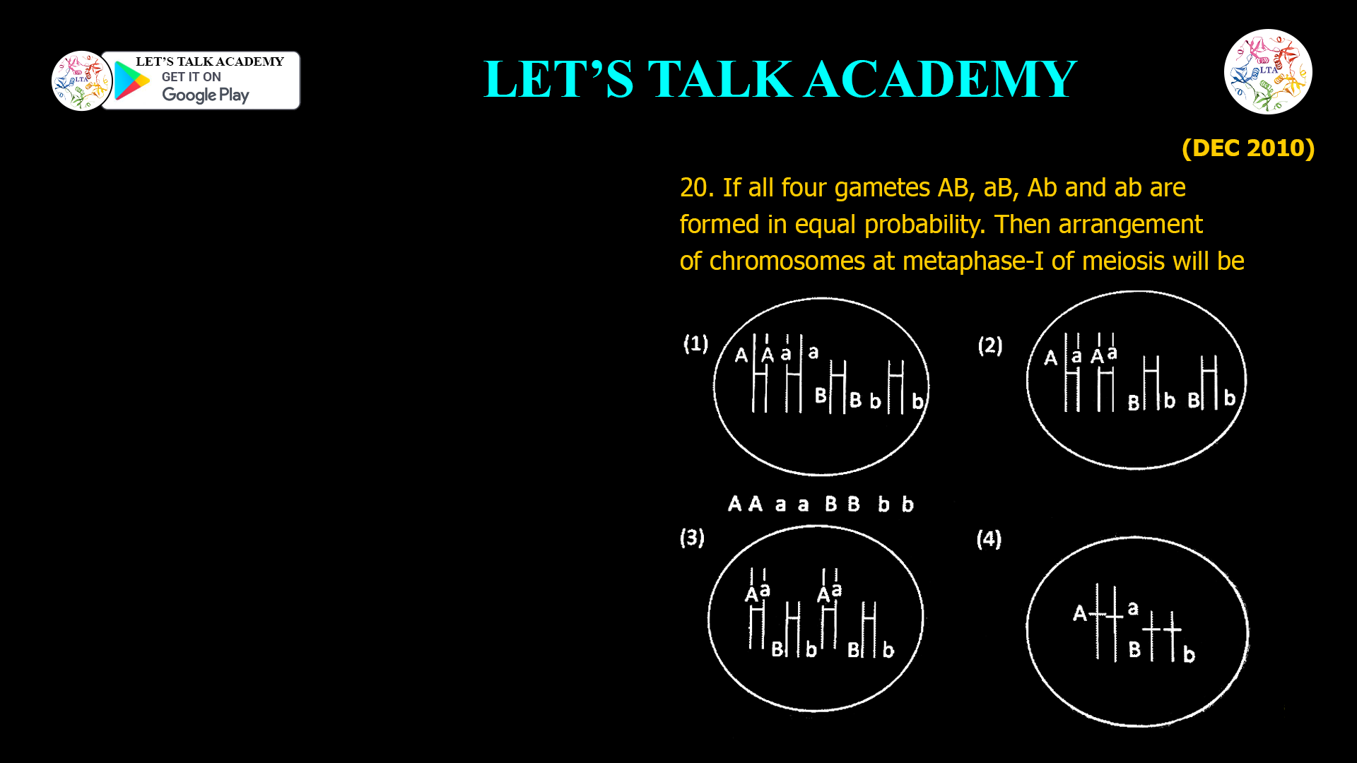 20. If all four gametes AB, aB, Ab and ab are formed in equal probability. Then arrangement of chromosomes at metaphase-I of meiosis will be