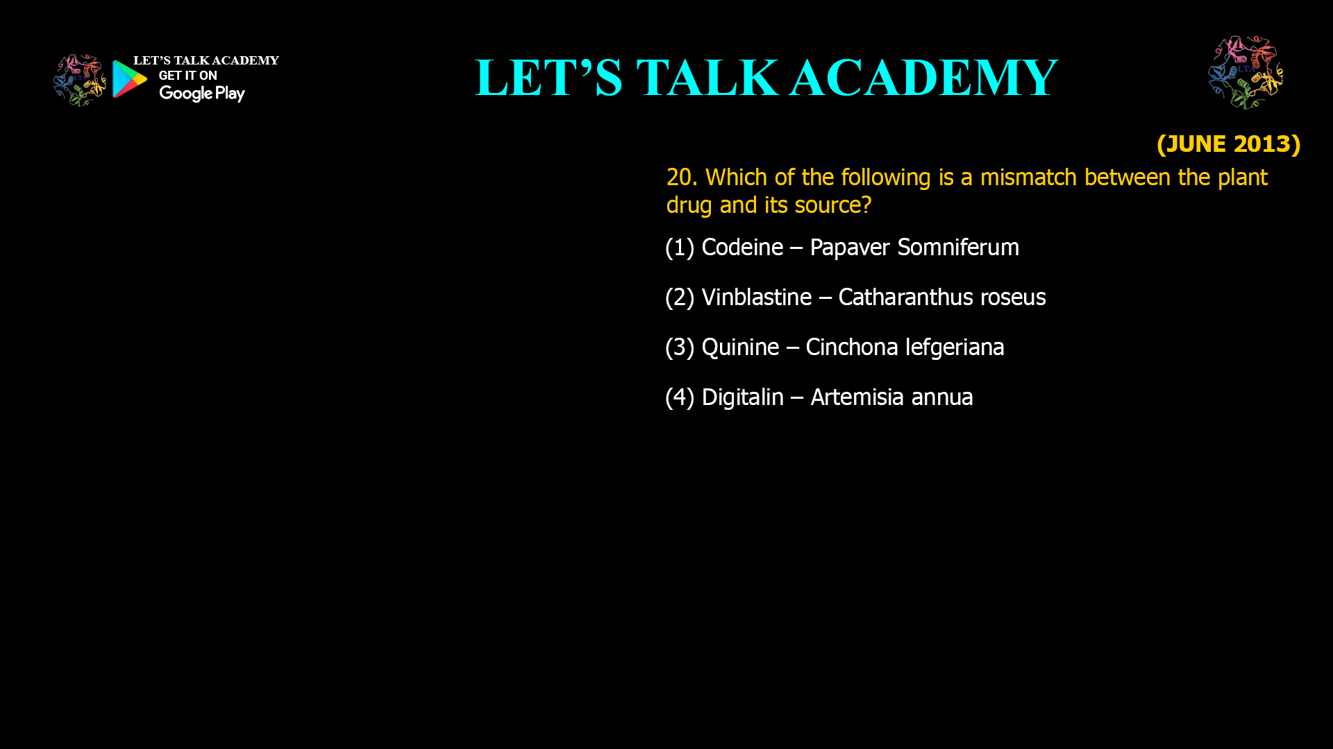 20. Which of the following is a mismatch between the plant drug and its source? (1) Codeine – Papaver Somniferum (2) Vinblastine – Catharanthus roseus (3) Quinine – Cinchona lefgeriana (4) Digitalin – Artemisia annua