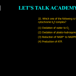 22. Which one of the following is the function of cytochrome b6f complex? (1) Oxidation of water to O2 (2) Oxidation of plasto-hydroquinone (PQH2)